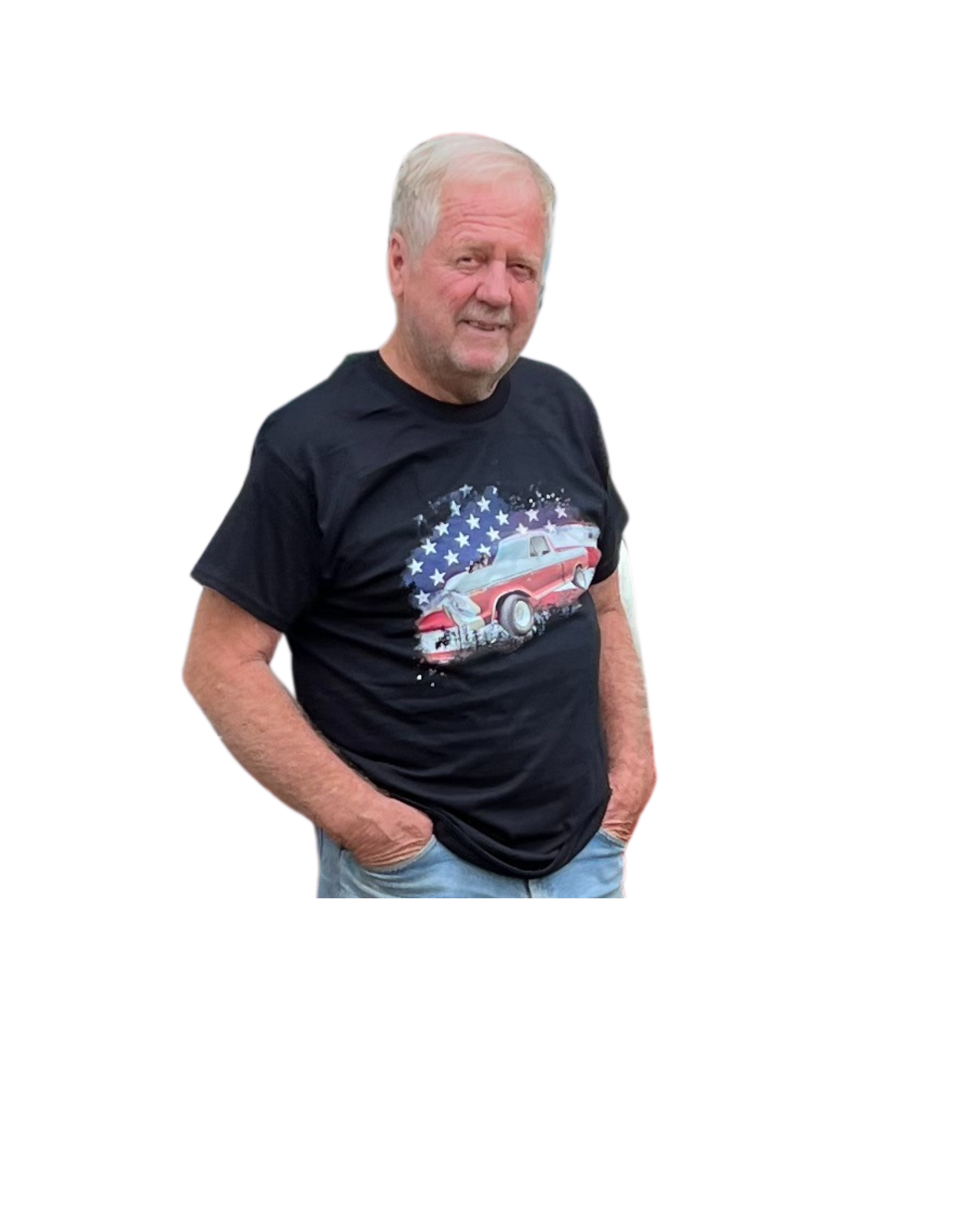 T-Shirt - Farm Dog on Classic Ford Truck with American Flag Unisex Tee product thumbnail image T-Shirt - Farm Dog on Classic Ford Truck with American Flag Unisex Tee product thumbnail image