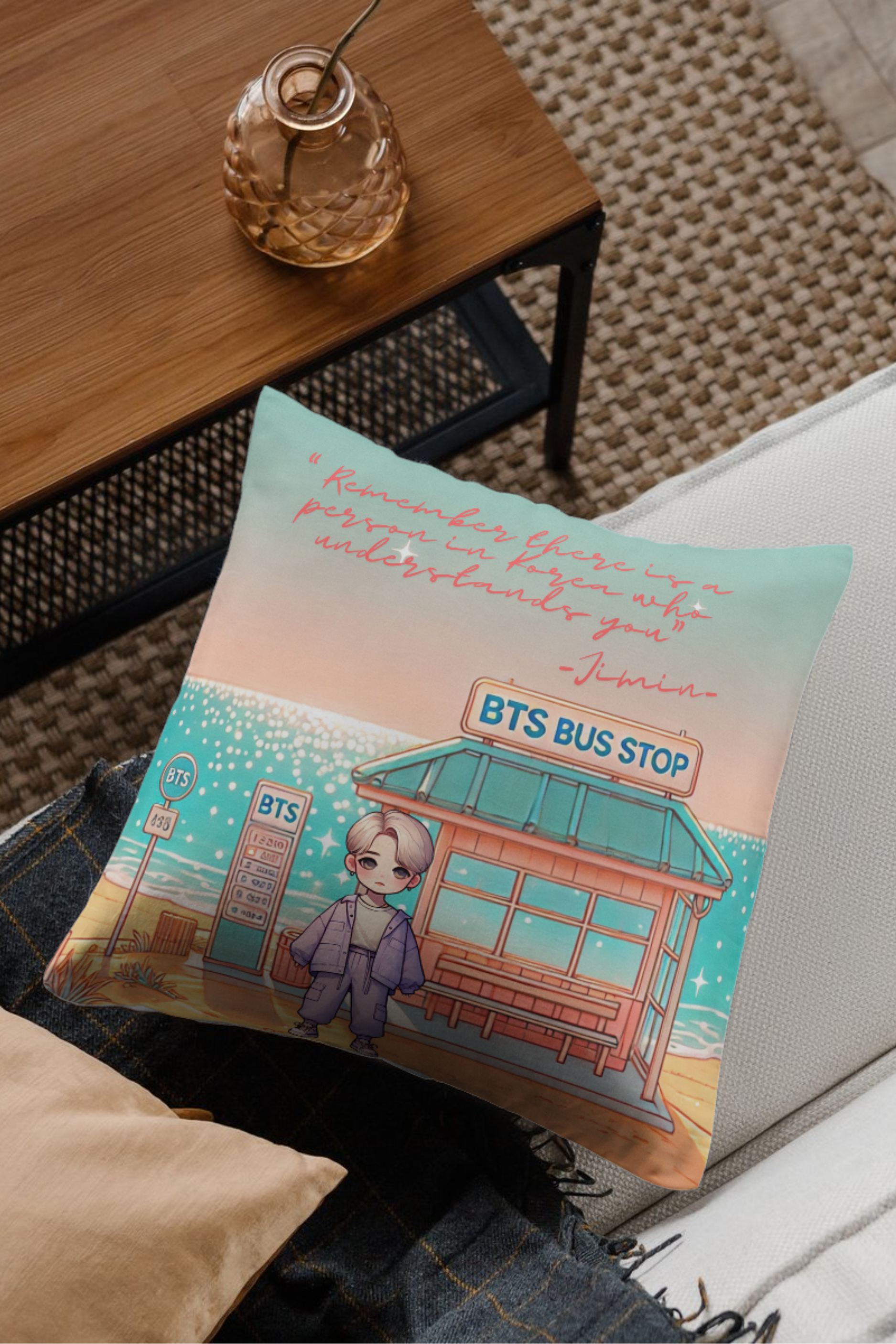 A Person in Korea Understands You - Jimin of BTS" Square Pillow – Add Comfort and BTS-Inspired Style to Your Space product thumbnail image