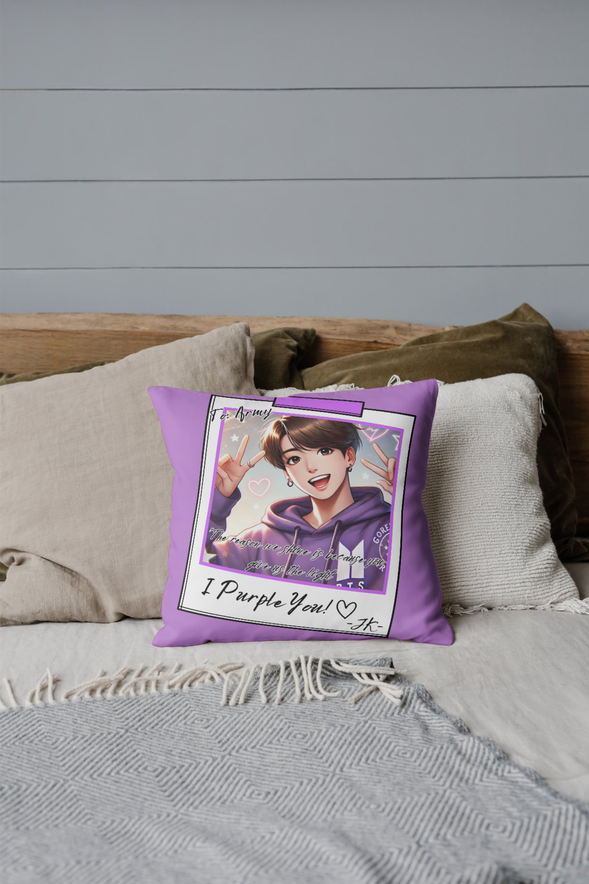 Jung kook of BTS Pillow- "The Reason We Shine is Because You Give Us the Light" – JK Selfie Polyester Square Pillow product thumbnail image