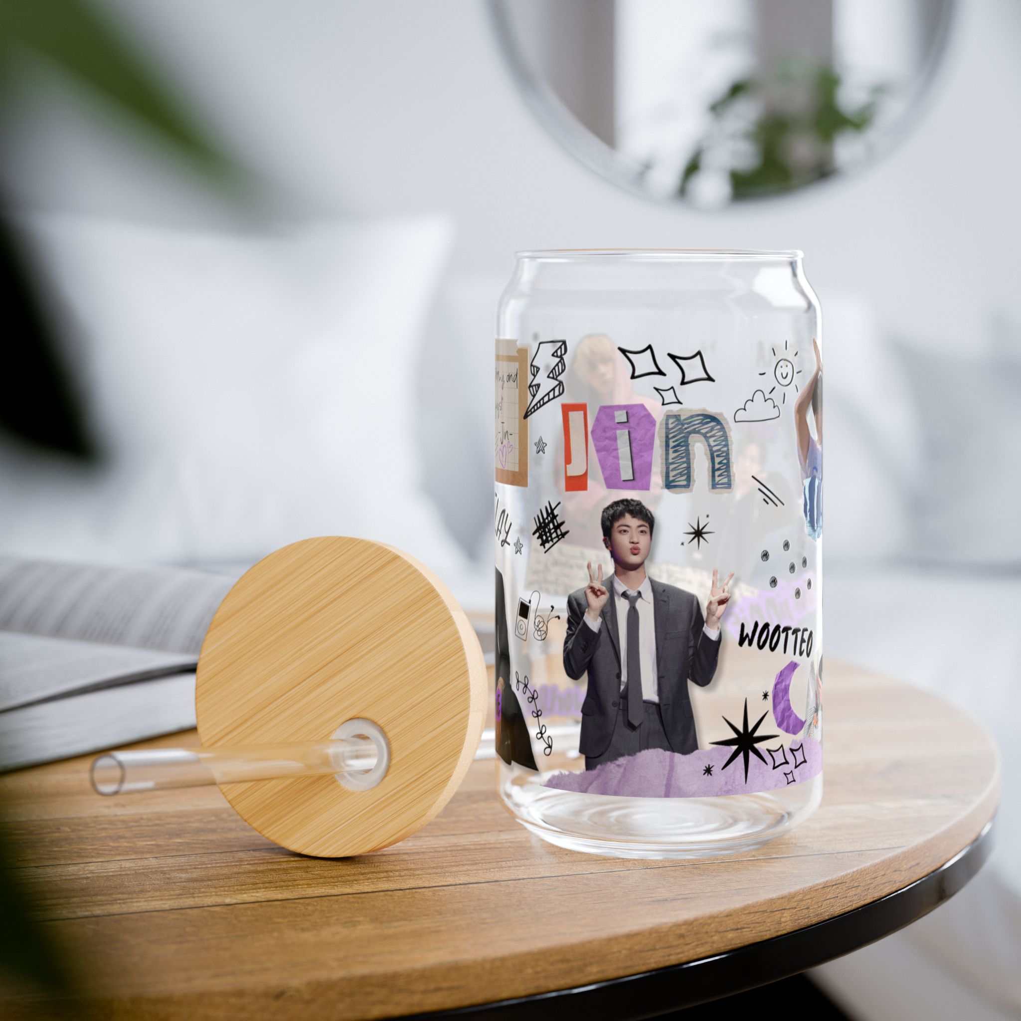 BTS Jin 16oz Sipper Glass – Custom Glass Tumbler with Bamboo Lid and Straw product thumbnail image BTS Jin 16oz Sipper Glass – Custom Glass Tumbler with Bamboo Lid and Straw product thumbnail image