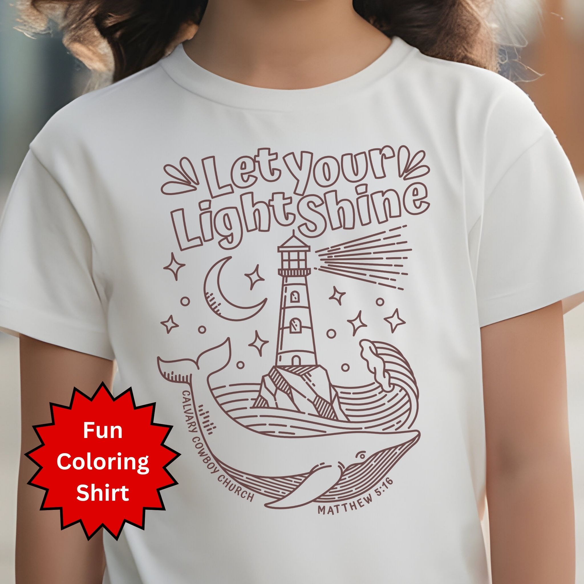 MAT 5:16 Coloring Shirt - Let Your Light Shine Kids - Lighthouse and Whale Design | Design on FRONT | Gildan 5000B Youth Shirt MAT 5:16 Coloring Shirt - Let Your Light Shine Kids - Lighthouse and Whale Design | Design on FRONT | Gildan 5000B Youth Shirt