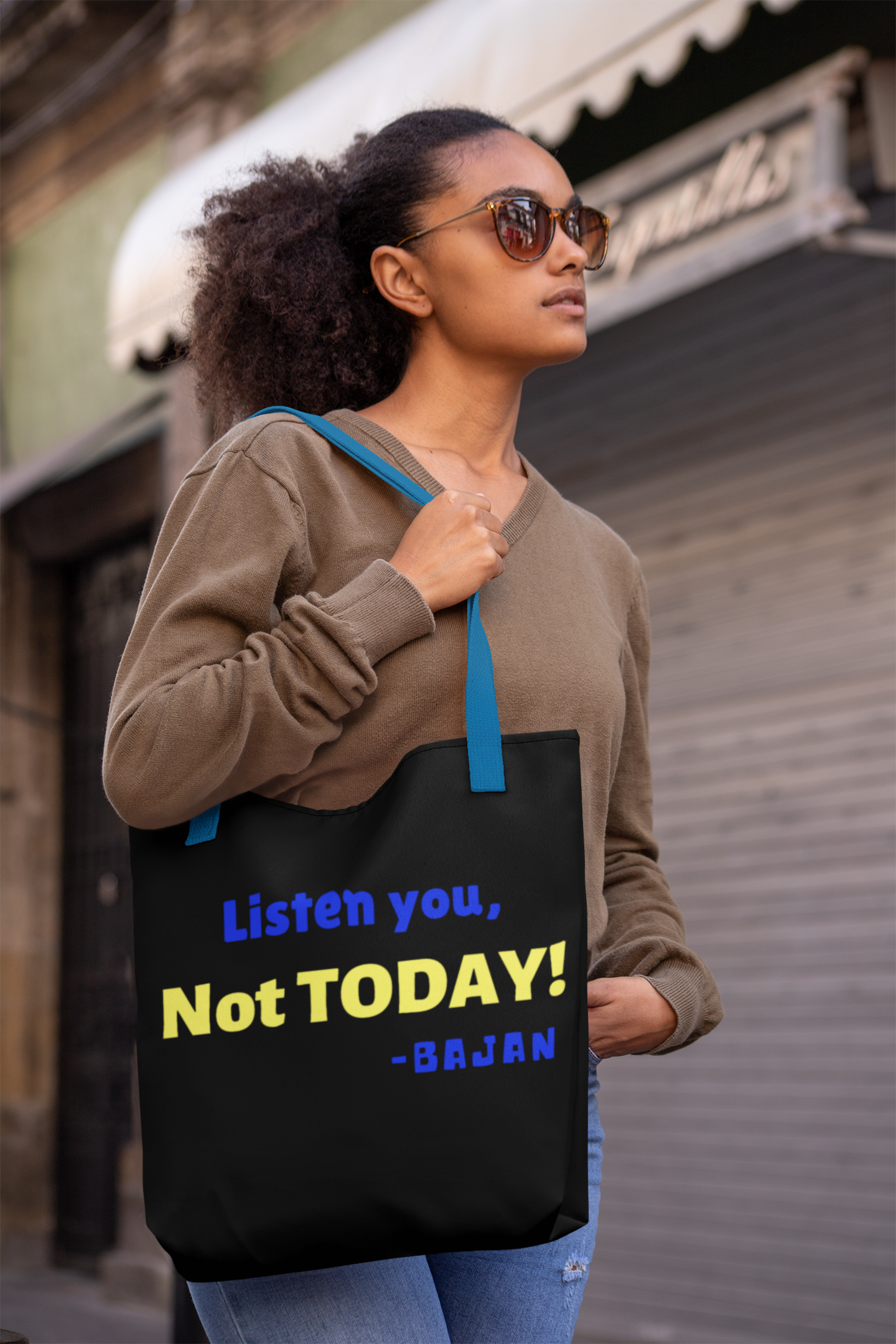 Listen You, Not Today - BAJAN, Tote Bag - Available in Three Sizes 13 x 13, 16 x 16, 18 x 18 with 5 Handle Colour Options, Double Sided Design product thumbnail image Listen You, Not Today - BAJAN, Tote Bag - Available in Three Sizes 13 x 13, 16 x 16, 18 x 18 with 5 Handle Colour Options, Double Sided Design product thumbnail image