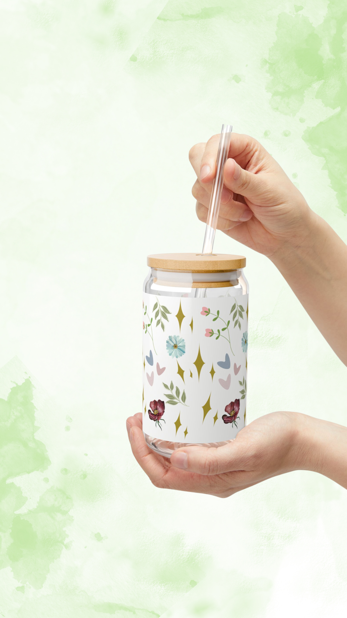 Floral Glass Tumbler with Bamboo Lid & Straw - Eco-Friendly 16oz Reusable Drinking Jar Floral Glass Tumbler with Bamboo Lid & Straw - Eco-Friendly 16oz Reusable Drinking Jar