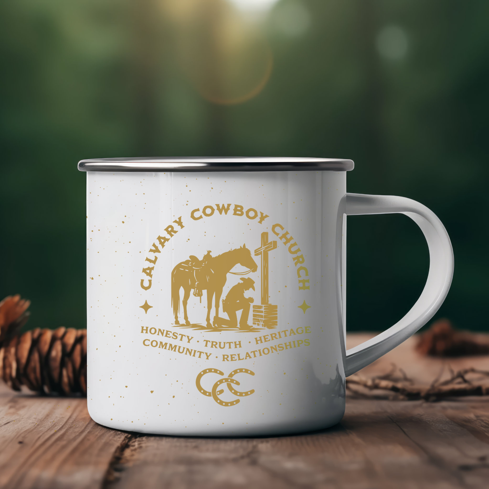 Enamel Camping Cup - Calvary Cowboy Church Core Values - Honesty, Truth, Heritage, Community, Relationships | 12 oz. metal mug Enamel Camping Cup - Calvary Cowboy Church Core Values - Honesty, Truth, Heritage, Community, Relationships | 12 oz. metal mug