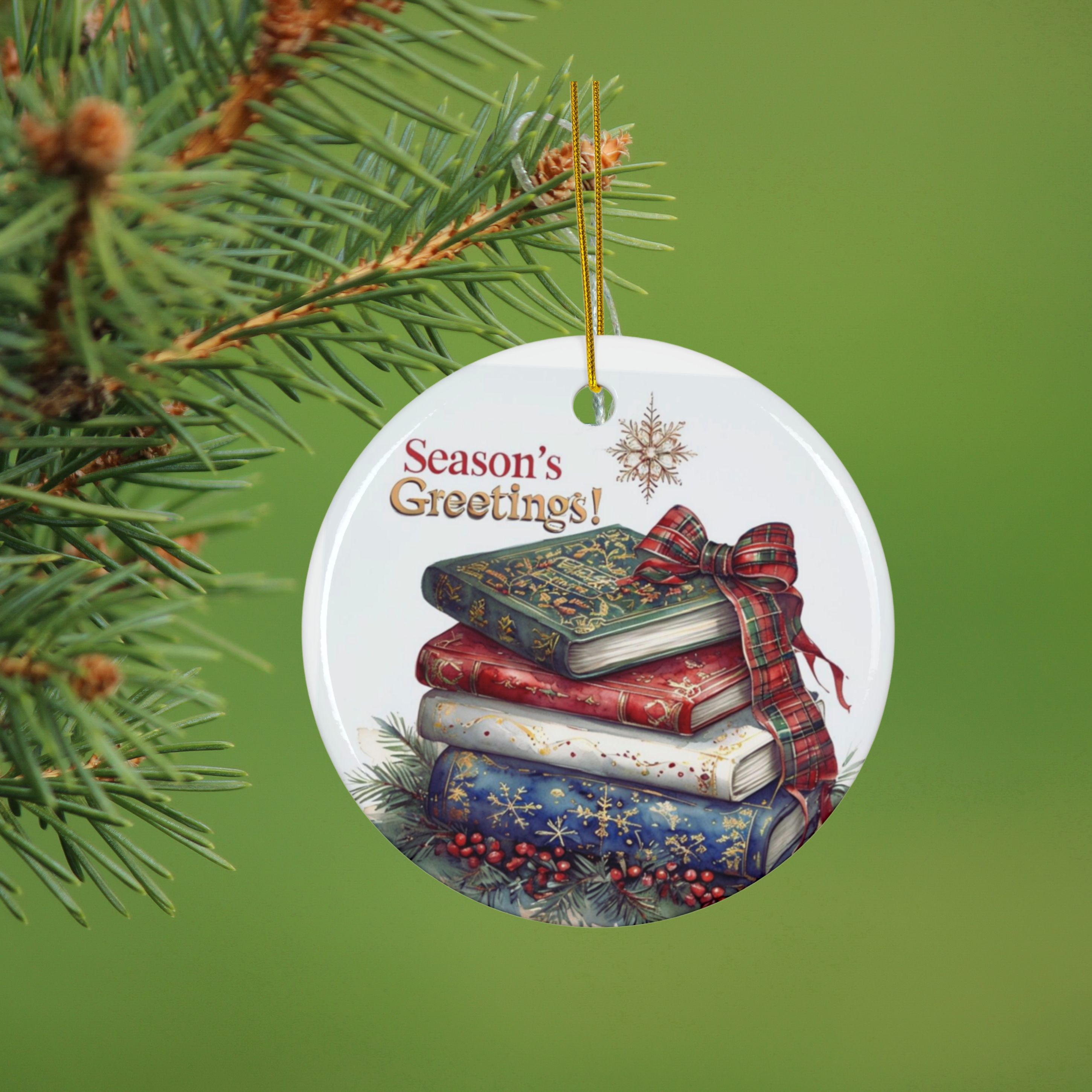 Season’s Greetings – Cozy Christmas Book Stack Design Ceramic Ornament Season’s Greetings – Cozy Christmas Book Stack Design Ceramic Ornament