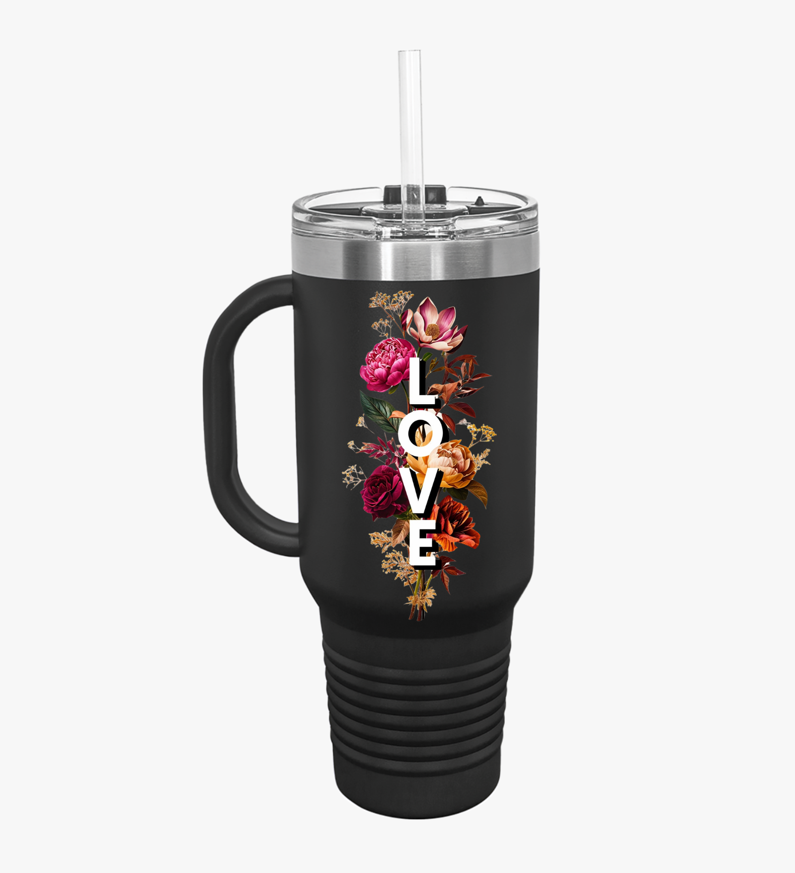 Insulated Travel Mug, Flower with Love Word, Floral Coffee Cup, Romantic Gift, Personalized Tumbler, Valentine's Day Gift Insulated Travel Mug, Flower with Love Word, Floral Coffee Cup, Romantic Gift, Personalized Tumbler, Valentine's Day Gift