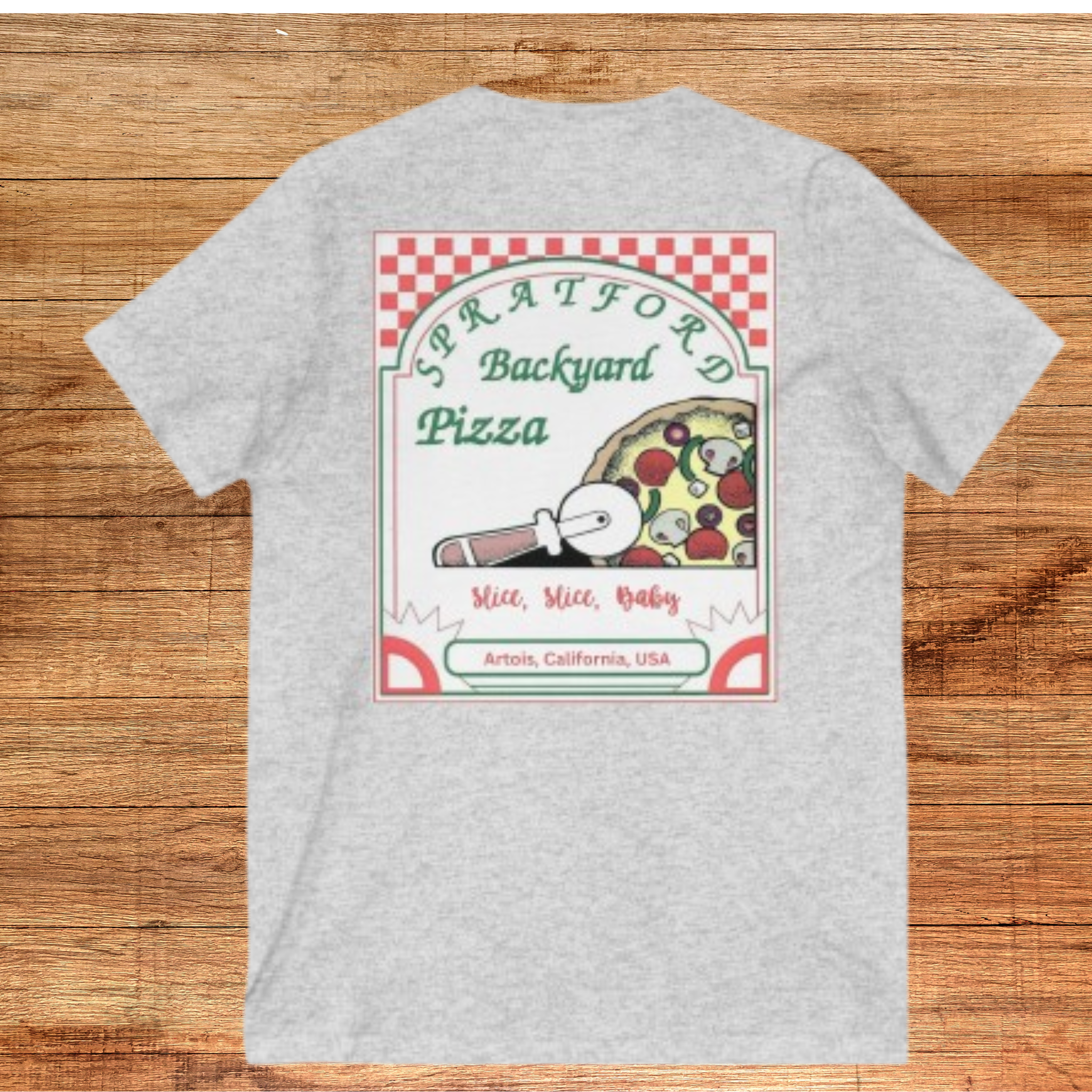 Spratford Backyard pizza Unisex Jersey Short Sleeve V-Neck Tee product thumbnail image Spratford Backyard pizza Unisex Jersey Short Sleeve V-Neck Tee product thumbnail image