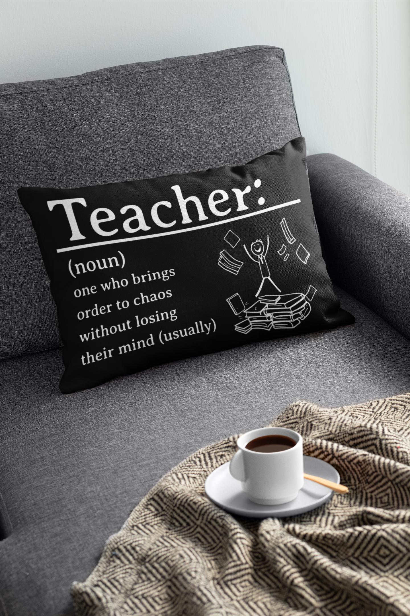 Lumbar Pillow (Black) - Funny Quote "Teacher: One who brings order to chaos without losing their mind (usually)" product thumbnail image Lumbar Pillow (Black) - Funny Quote "Teacher: One who brings order to chaos without losing their mind (usually)" product thumbnail image