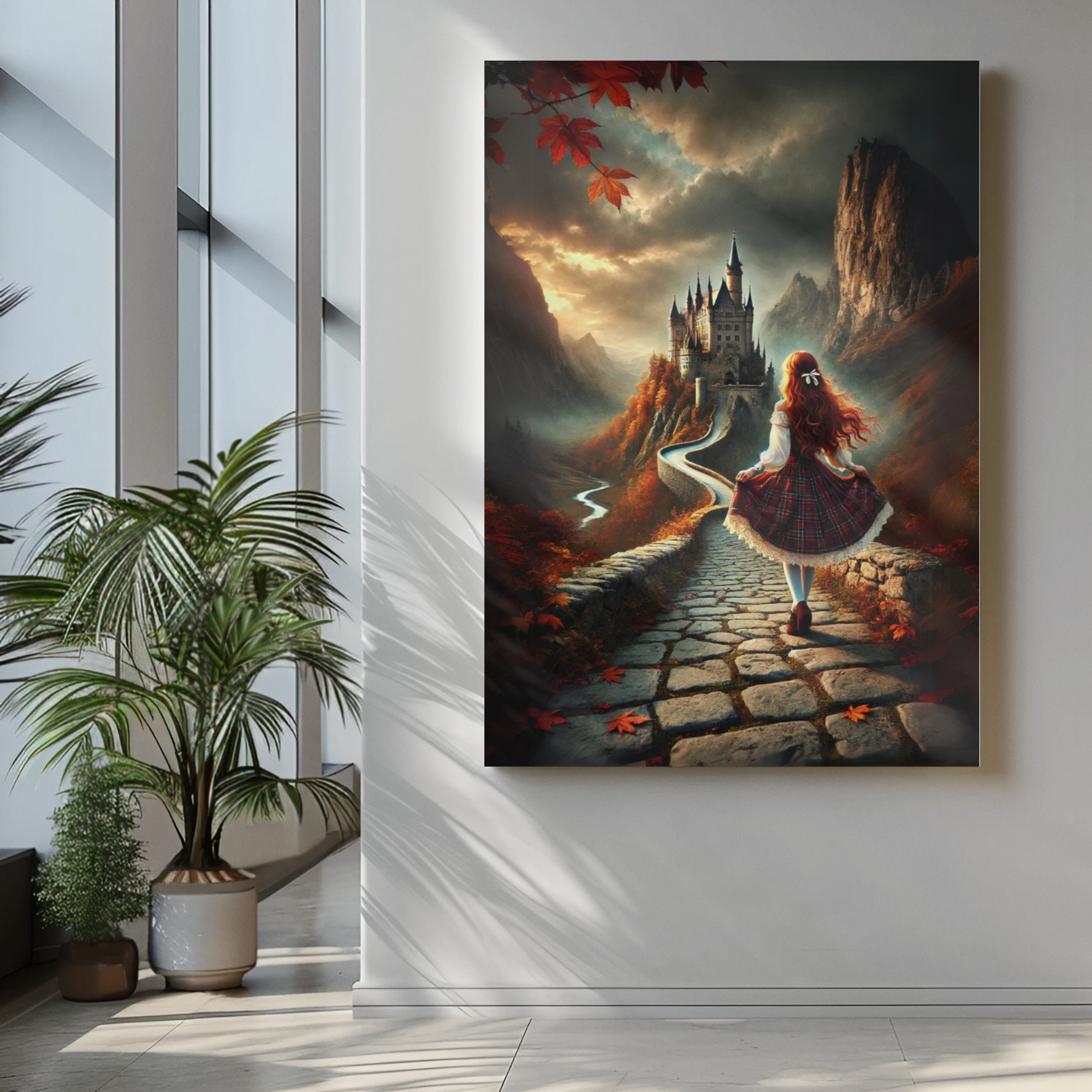 Enchanted Castle Wall Art Print Fairytale Fantasy Landscape, Redhead Girl Plaid Dress Magical Pathway Castle Autumn Home Decor, Dreamy Living Room Unique Gift Idea