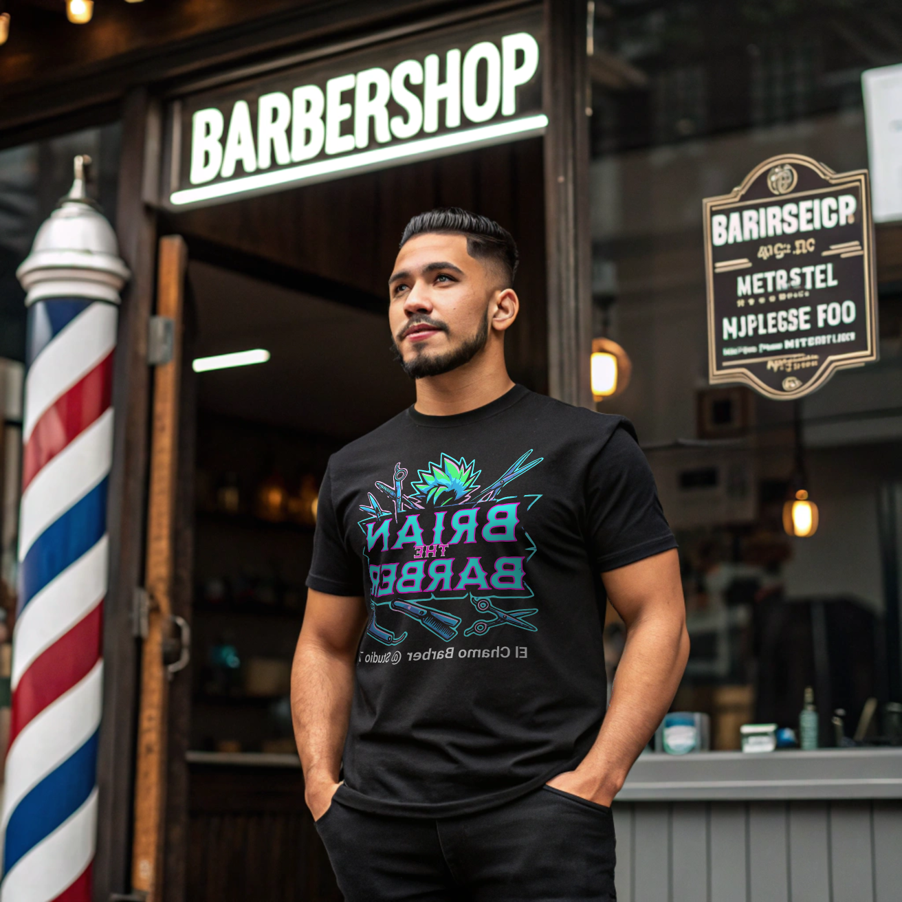 Reverse Image "BRYAN the Barber" Neon Style Tee - Trendy Barber Shop Logo Shirt Reverse Image "BRYAN the Barber" Neon Style Tee - Trendy Barber Shop Logo Shirt