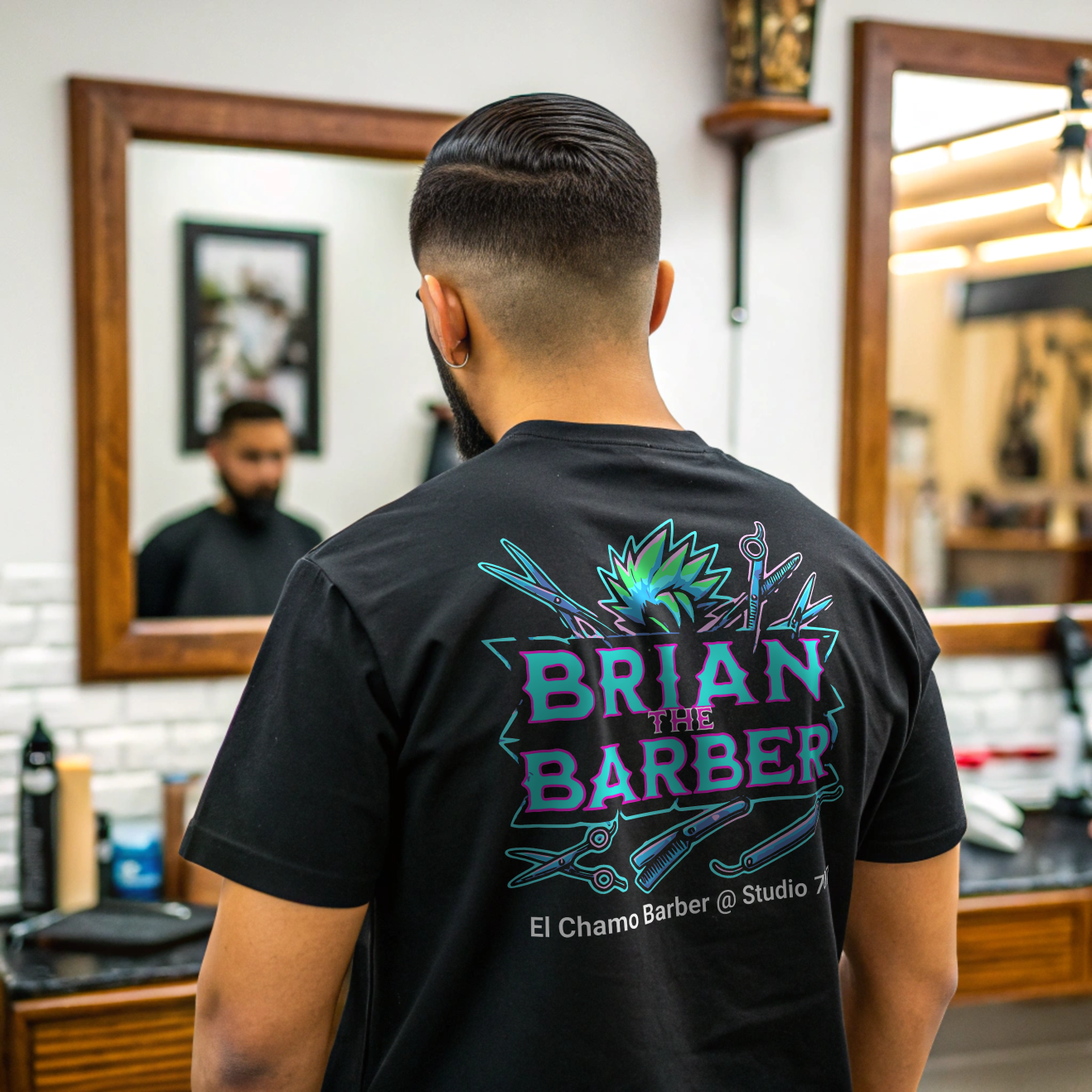 Reverse Image "BRYAN the Barber" Neon Style Tee - Trendy Barber Shop Logo Shirt product thumbnail image Reverse Image "BRYAN the Barber" Neon Style Tee - Trendy Barber Shop Logo Shirt product thumbnail image
