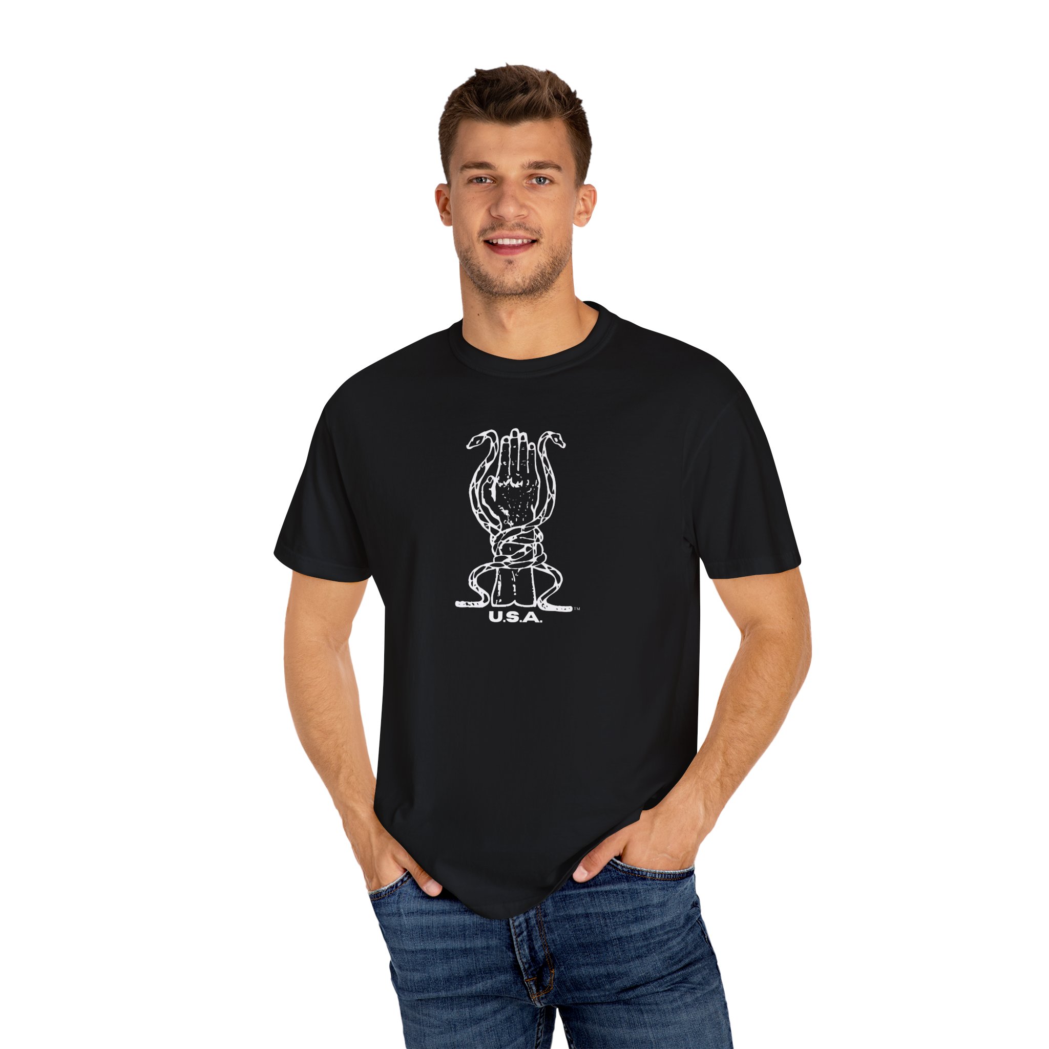HAND & SNAKES LOGO w/USA WHITE ON BLACK OR GRAY T-SHIRT Unisex Garment-Dyed T-shirt product thumbnail image HAND & SNAKES LOGO w/USA WHITE ON BLACK OR GRAY T-SHIRT Unisex Garment-Dyed T-shirt product thumbnail image
