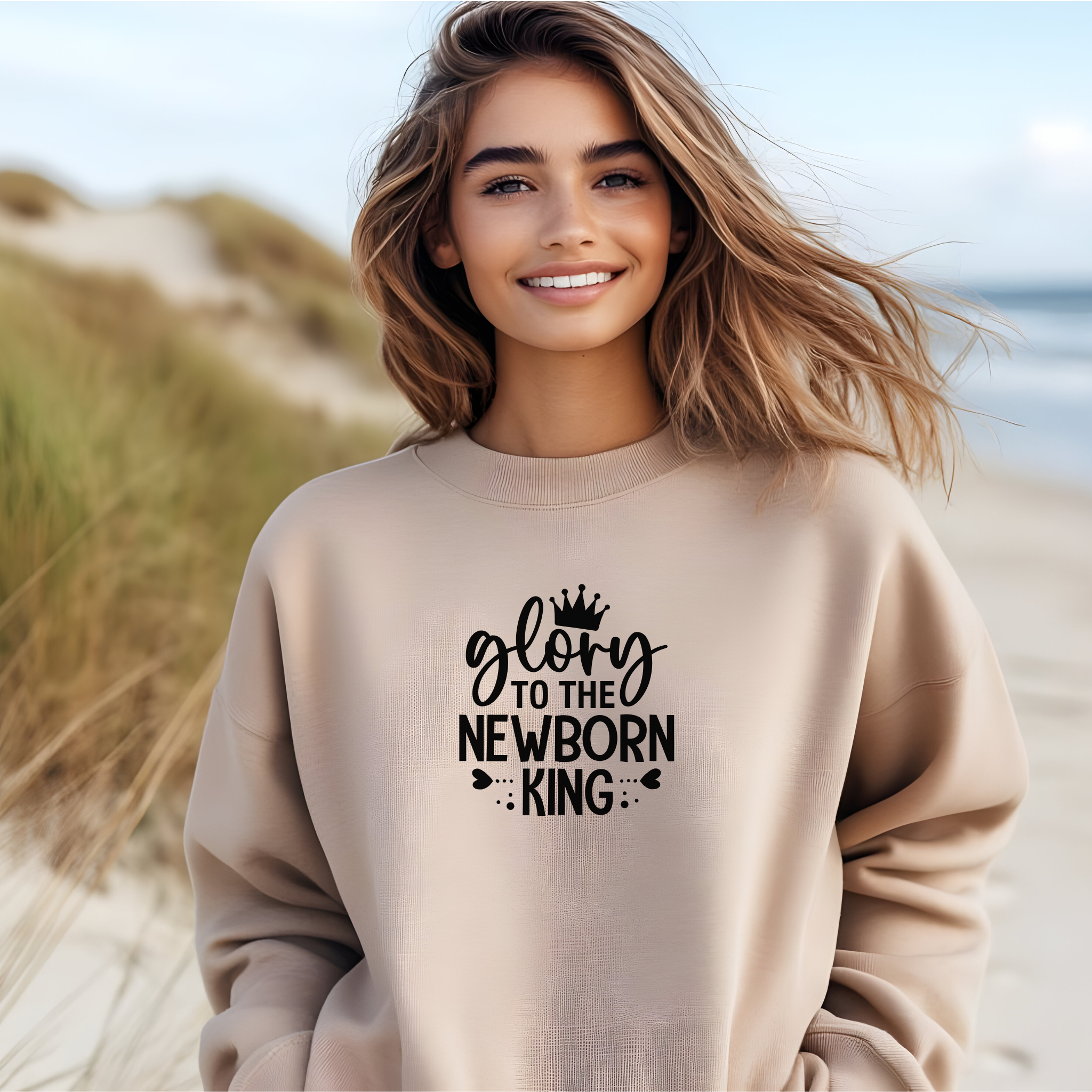 Religious Christmas Unisex Sweatshirt, FaithFusion's "Glory To The New Born King" Crewneck Jumper, Men Women Gift, Holiday Apparel product thumbnail image Religious Christmas Unisex Sweatshirt, FaithFusion's "Glory To The New Born King" Crewneck Jumper, Men Women Gift, Holiday Apparel product thumbnail image
