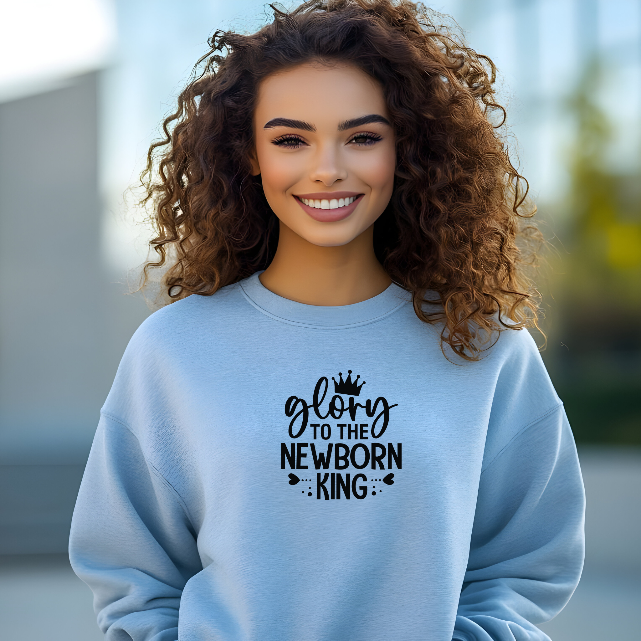 Religious Christmas Unisex Sweatshirt, FaithFusion's "Glory To The New Born King" Crewneck Jumper, Men Women Gift, Holiday Apparel product thumbnail image Religious Christmas Unisex Sweatshirt, FaithFusion's "Glory To The New Born King" Crewneck Jumper, Men Women Gift, Holiday Apparel product thumbnail image