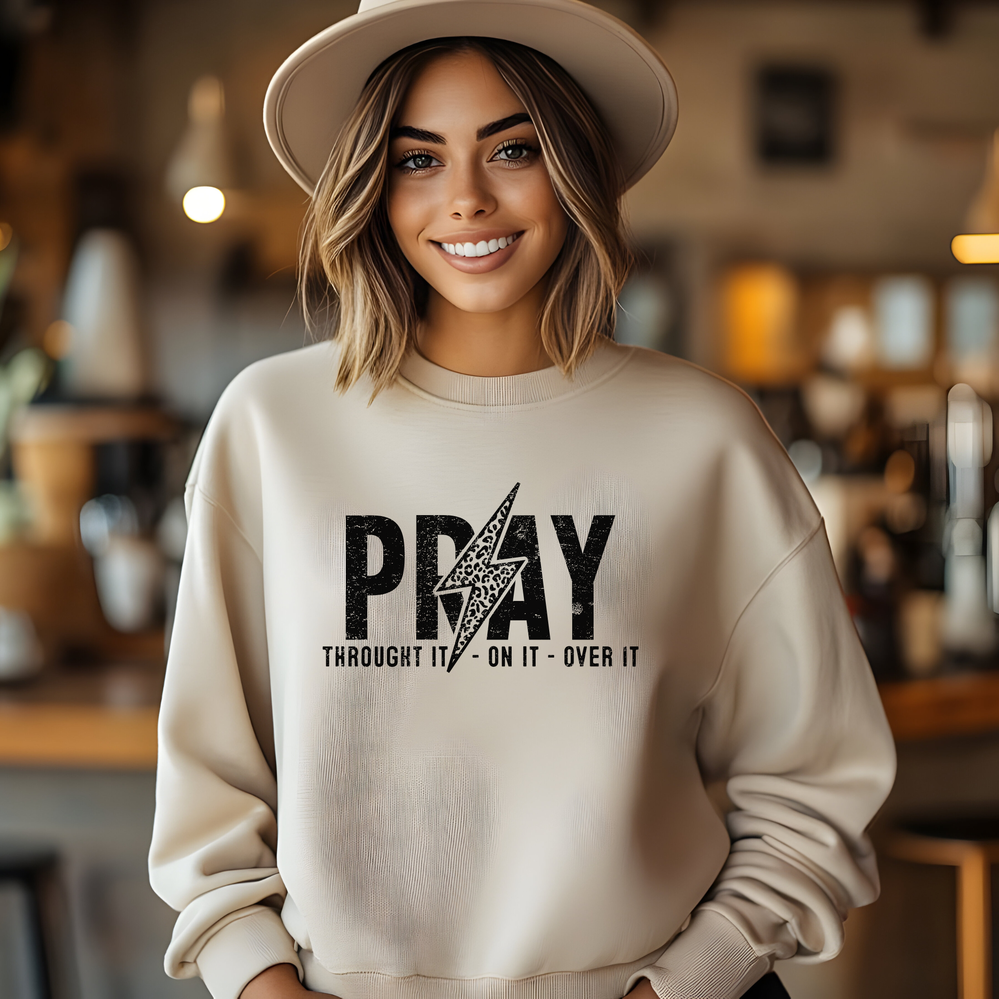 Christian Trendy Sweatshirt, "Pray Through It, On It and Over it" Unisex, Gift for Christian, Inspirational Jumper, Religious Pullover, product thumbnail image Christian Trendy Sweatshirt, "Pray Through It, On It and Over it" Unisex, Gift for Christian, Inspirational Jumper, Religious Pullover, product thumbnail image