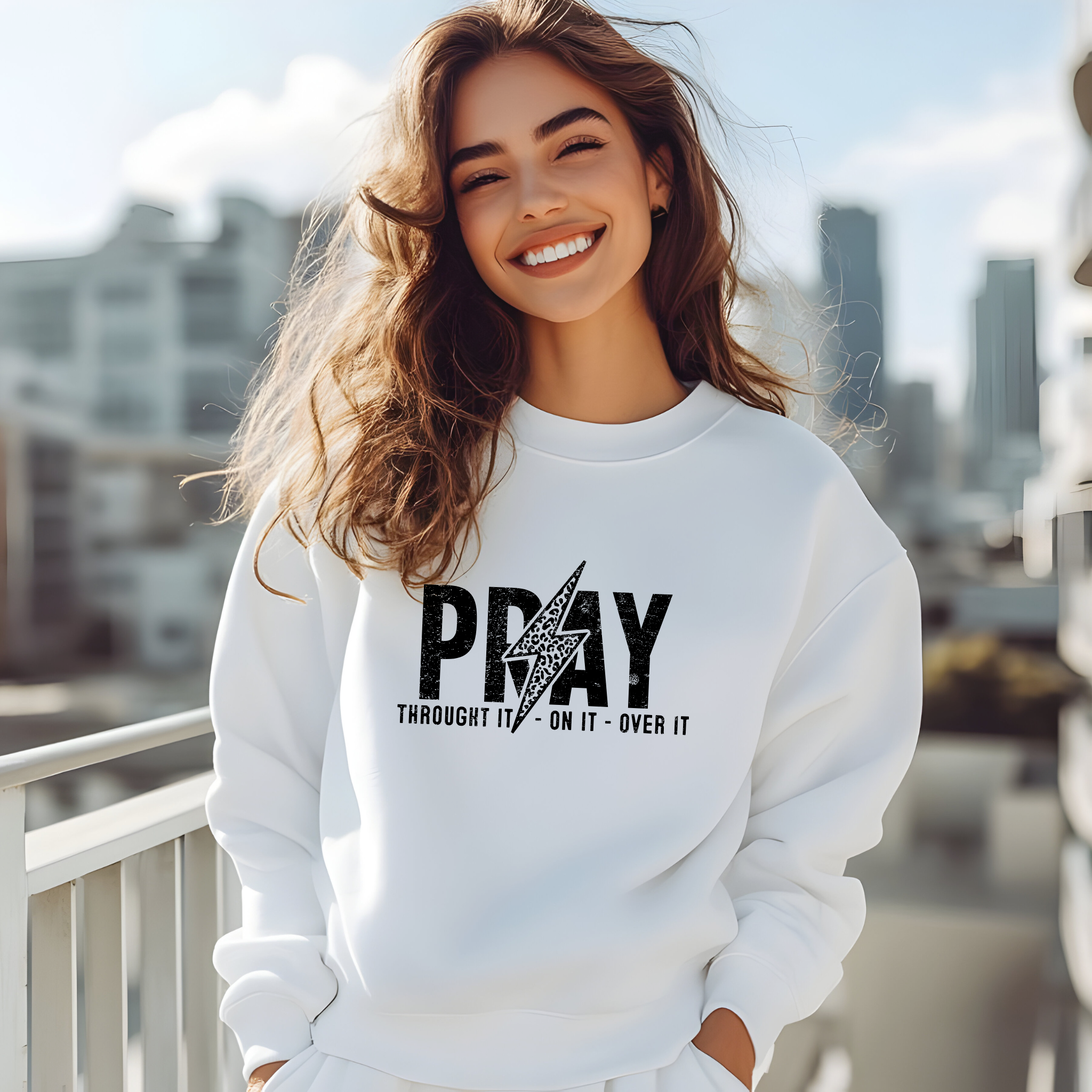 Christian Trendy Sweatshirt, "Pray Through It, On It and Over it" Unisex, Gift for Christian, Inspirational Jumper, Religious Pullover, product thumbnail image Christian Trendy Sweatshirt, "Pray Through It, On It and Over it" Unisex, Gift for Christian, Inspirational Jumper, Religious Pullover, product thumbnail image