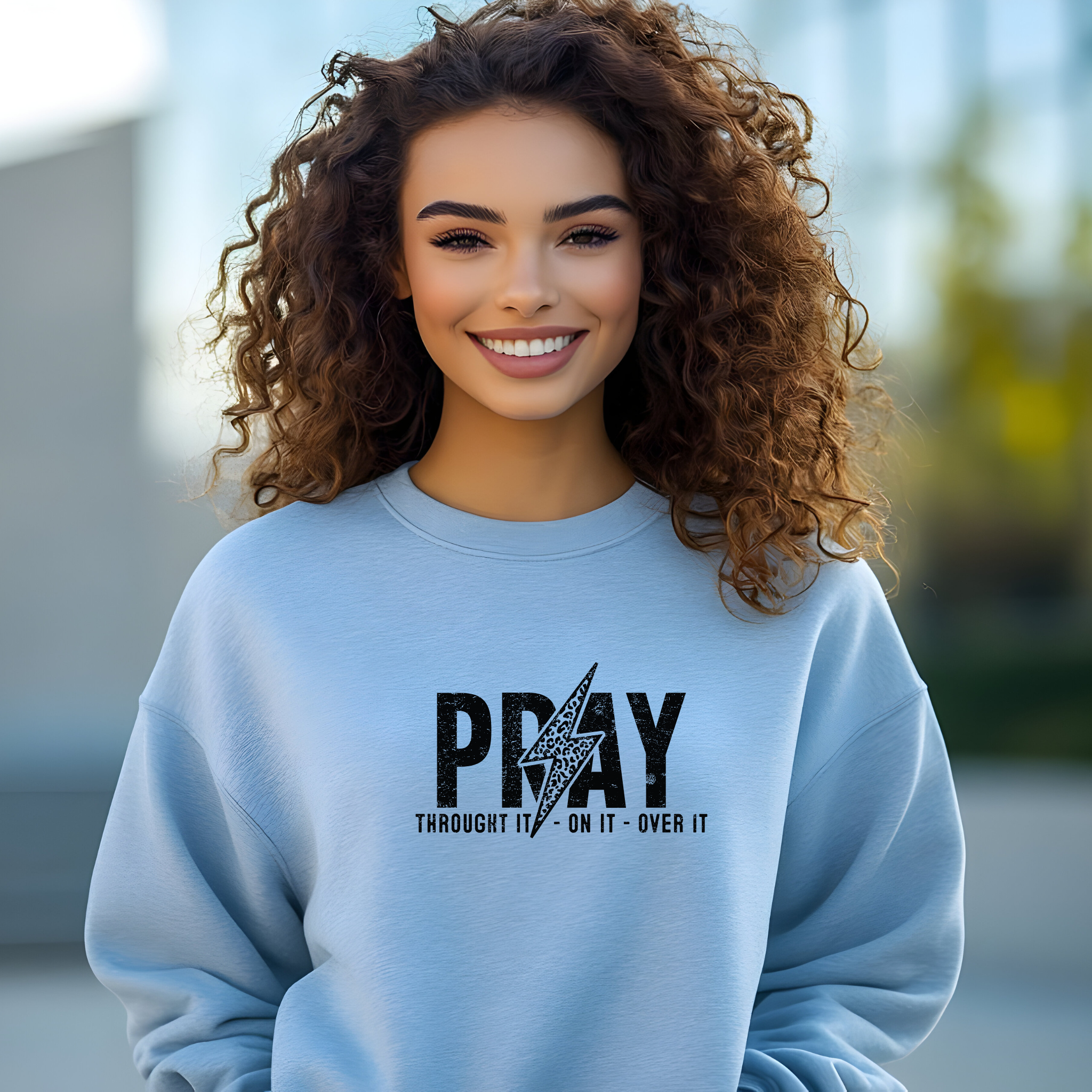 Christian Trendy Sweatshirt, "Pray Through It, On It and Over it" Unisex, Gift for Christian, Inspirational Jumper, Religious Pullover, product thumbnail image Christian Trendy Sweatshirt, "Pray Through It, On It and Over it" Unisex, Gift for Christian, Inspirational Jumper, Religious Pullover, product thumbnail image
