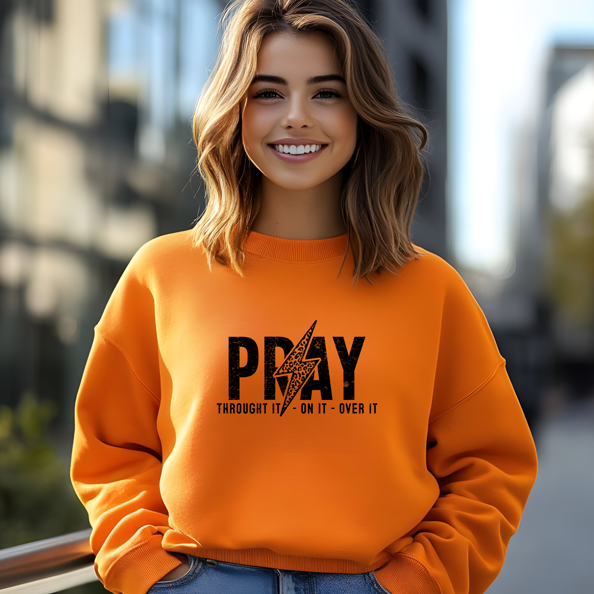 Christian Trendy Sweatshirt, "Pray Through It, On It and Over it" Unisex, Gift for Christian, Inspirational Jumper, Religious Pullover, product thumbnail image Christian Trendy Sweatshirt, "Pray Through It, On It and Over it" Unisex, Gift for Christian, Inspirational Jumper, Religious Pullover, product thumbnail image