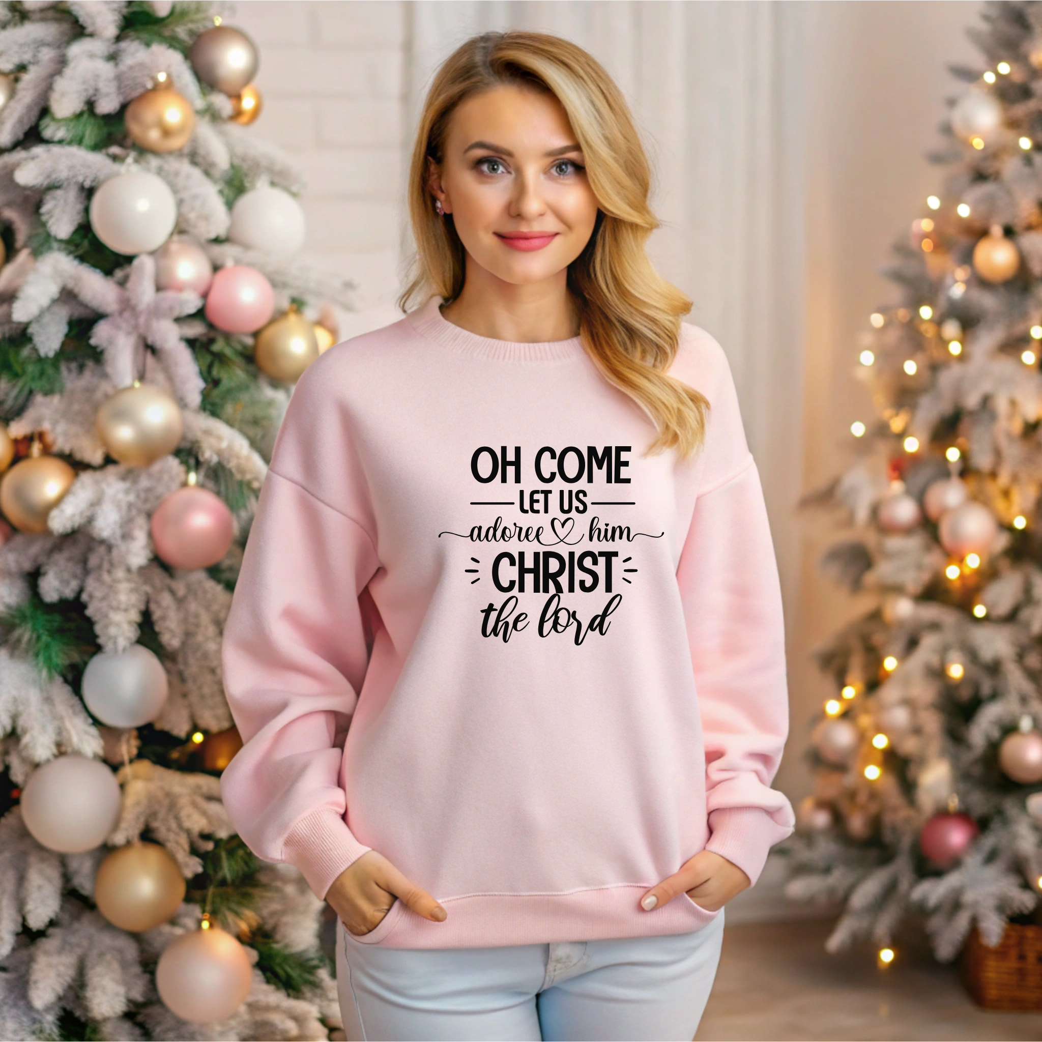 Religious Christmas Sweatshirt, Christian Holiday Crewneck, Oh come Let's adore Him, Christ the Lord, Unisex Xmas Jumper, Winter Apparel product thumbnail image Religious Christmas Sweatshirt, Christian Holiday Crewneck, Oh come Let's adore Him, Christ the Lord, Unisex Xmas Jumper, Winter Apparel product thumbnail image