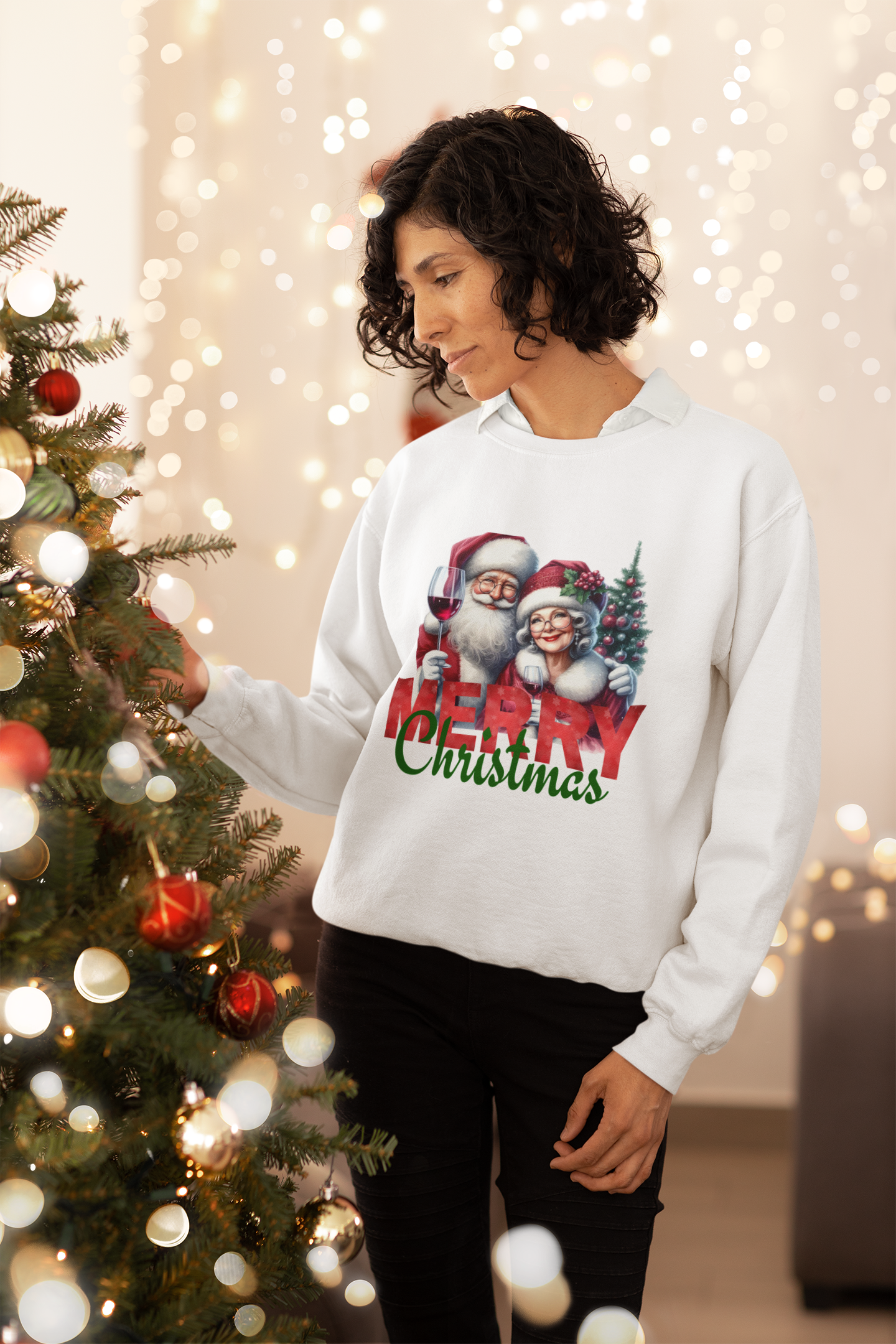 "Funny Merry Christmas Sweatshirt Santa and Mrs. Claus Wine Drinking Holiday Sweater Cozy Unisex Xmas Crewneck Festive Winter Pullover Gift"