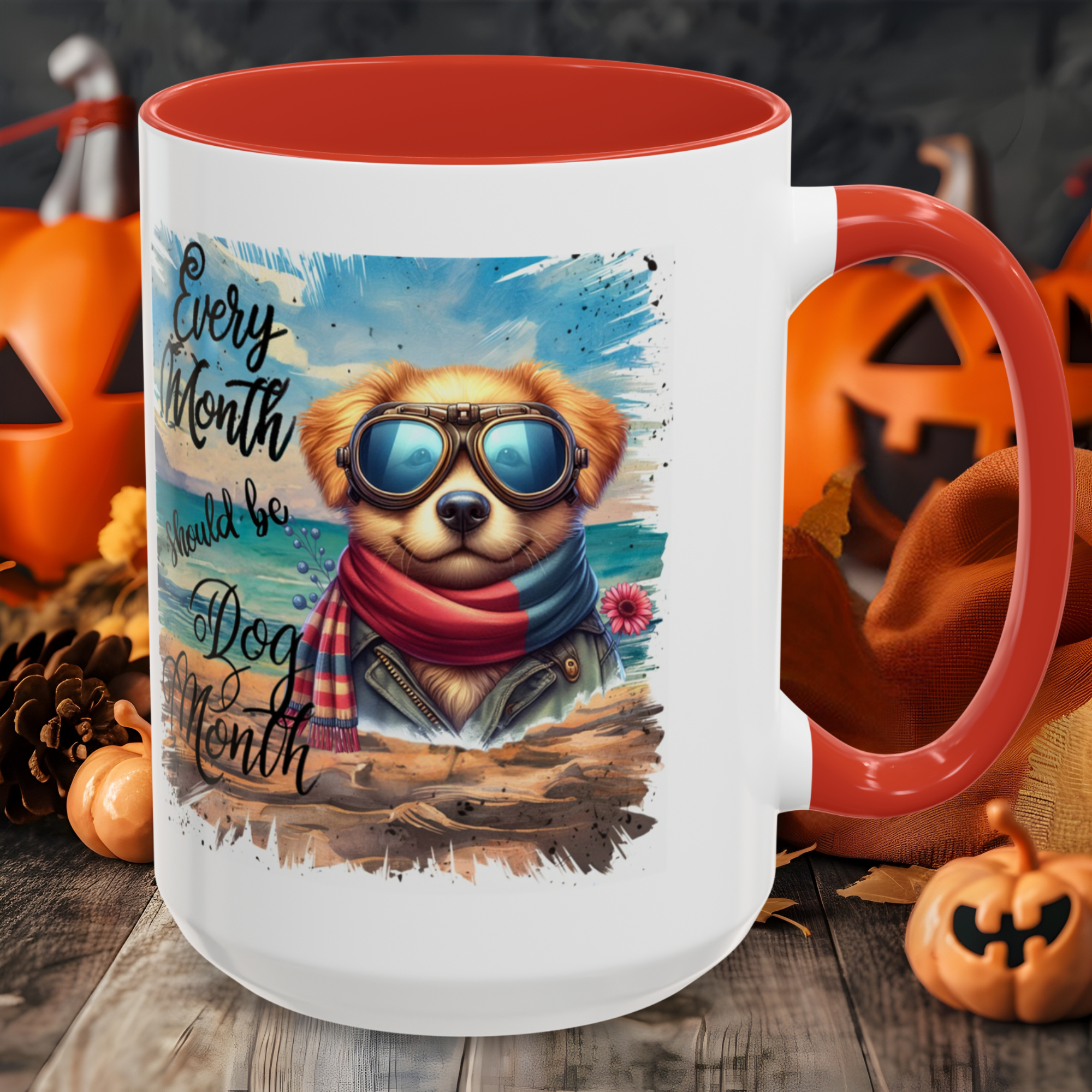 Every Month Should Be Dog Month , pet lover, dog owner,Funny Dog Wearing Goggles, mug ,dog month ,coffee ,Accent Coffee Mug (11, 15oz) 