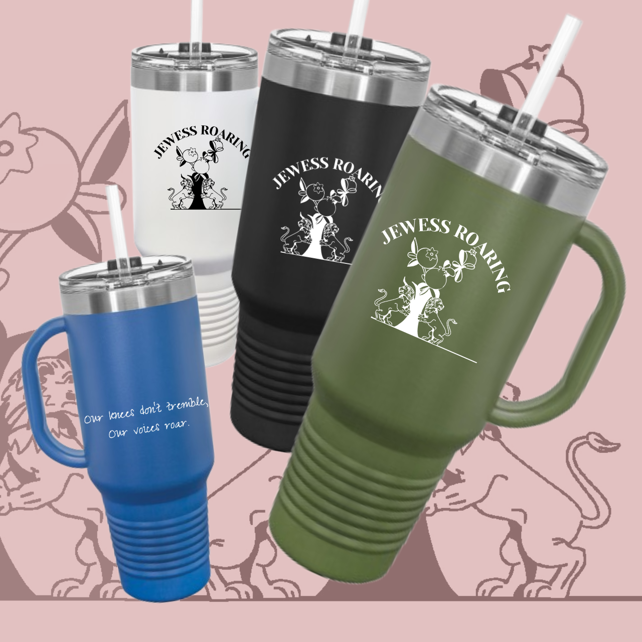 Jewess Roaring 40oz Insulated Travel Mug – Jewish Pride Tumbler with Lions of Judah and Pomegranate Design, Perfect Hanukkah Gift product thumbnail image