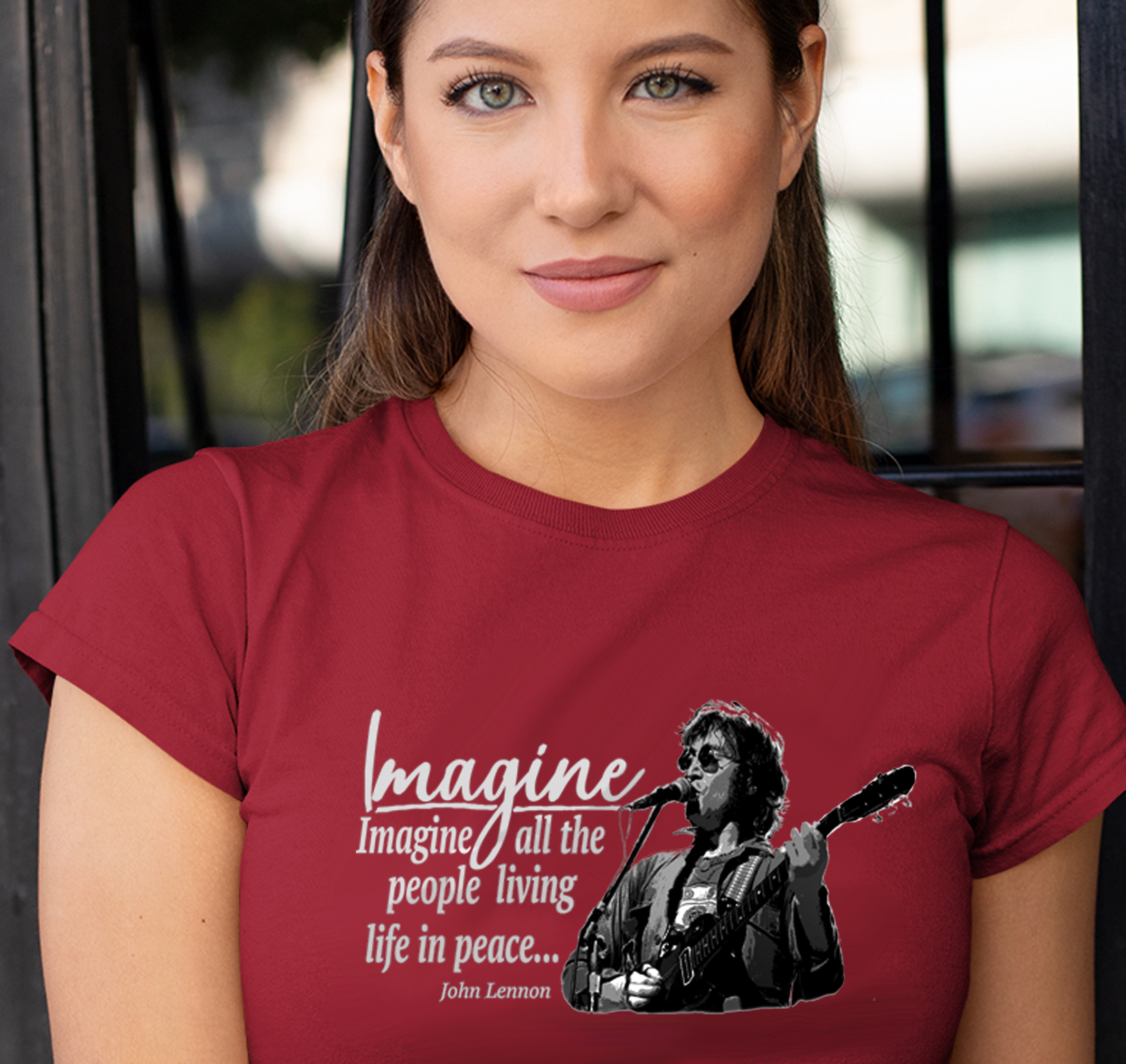 John Lennon's Imagine on a Dark Cotton T-shirt product thumbnail image John Lennon's Imagine on a Dark Cotton T-shirt product thumbnail image