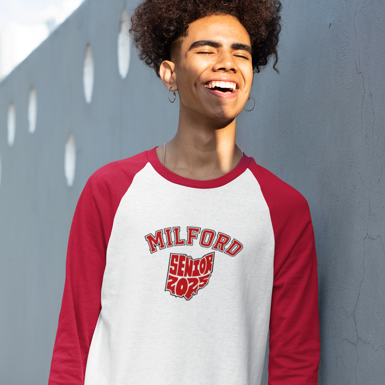 Milford Senior 2025 Unisex Baseball Tee, "Senior 2025" shaped like the state of Ohio design, 2025 Graduate, Senior 2025 Shirt, graduation shirt product thumbnail image