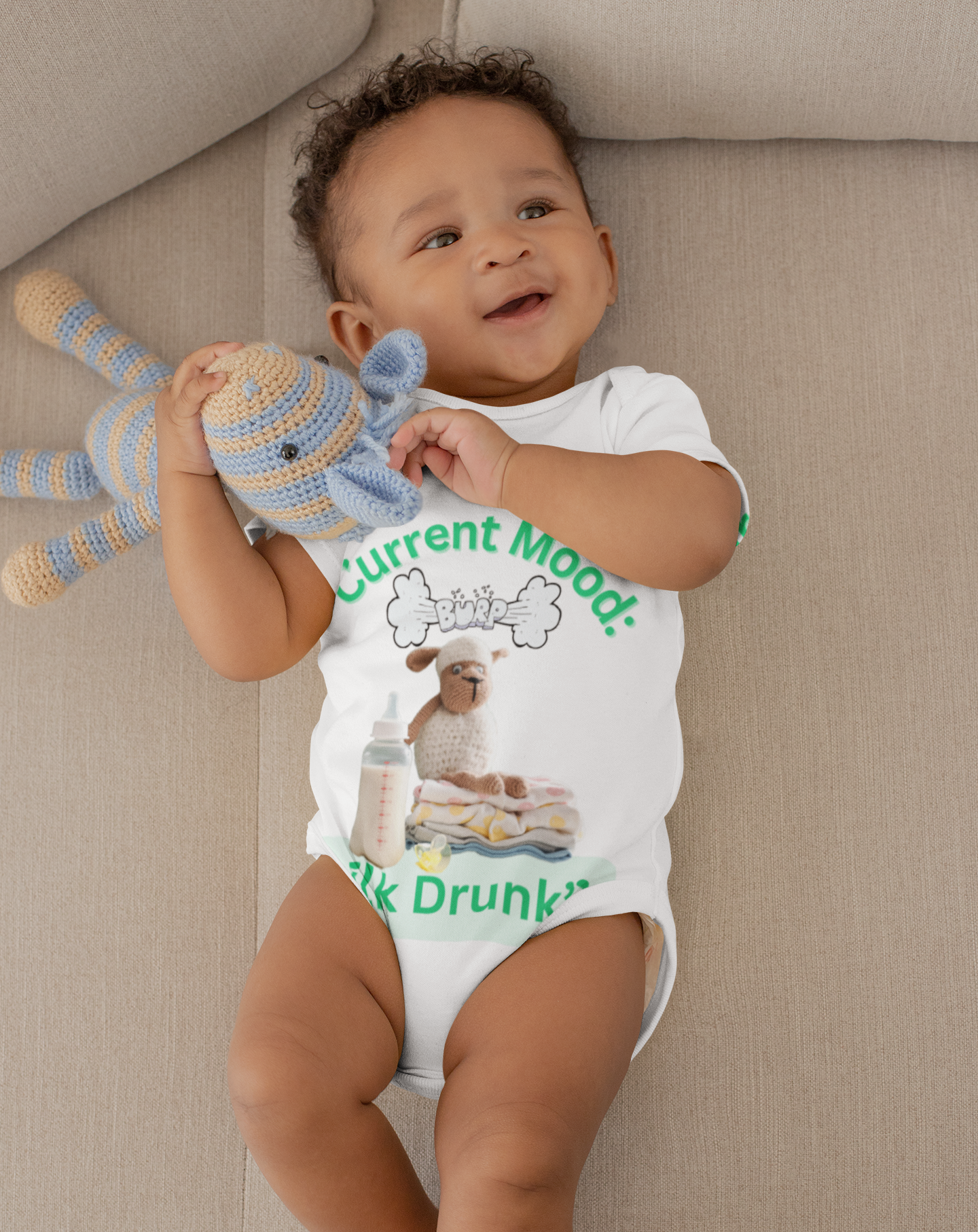 "Current Mood: Milk Drunk" Baby Onesie product thumbnail image "Current Mood: Milk Drunk" Baby Onesie product thumbnail image