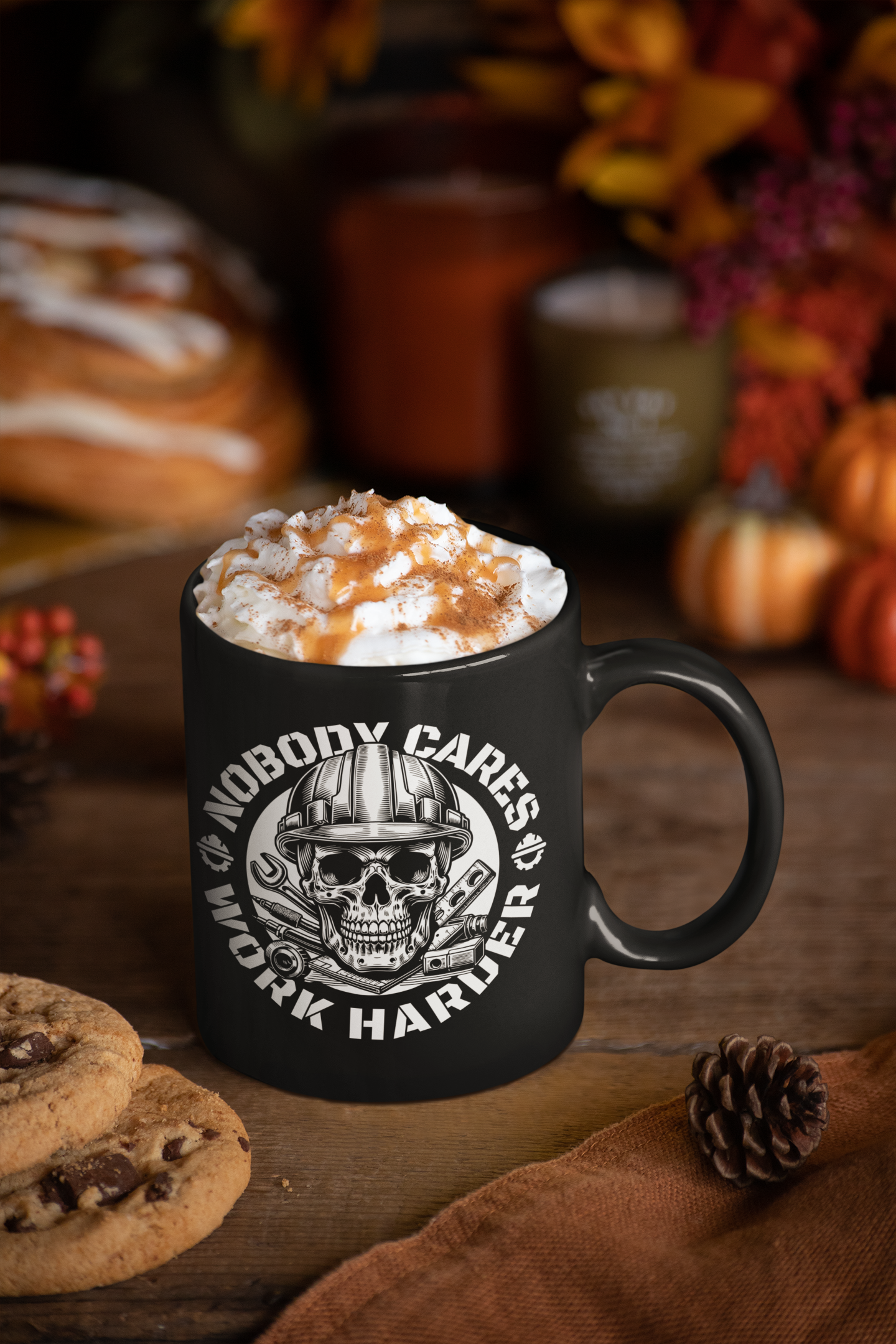 NOBODY CARES WORK HARDER , Hardcore Hustle ,Grind &amp; Grit ,Skull &amp; Gears ,Work Warrior ,Steel Resolve,Black Mug (11oz, 15oz) product thumbnail image