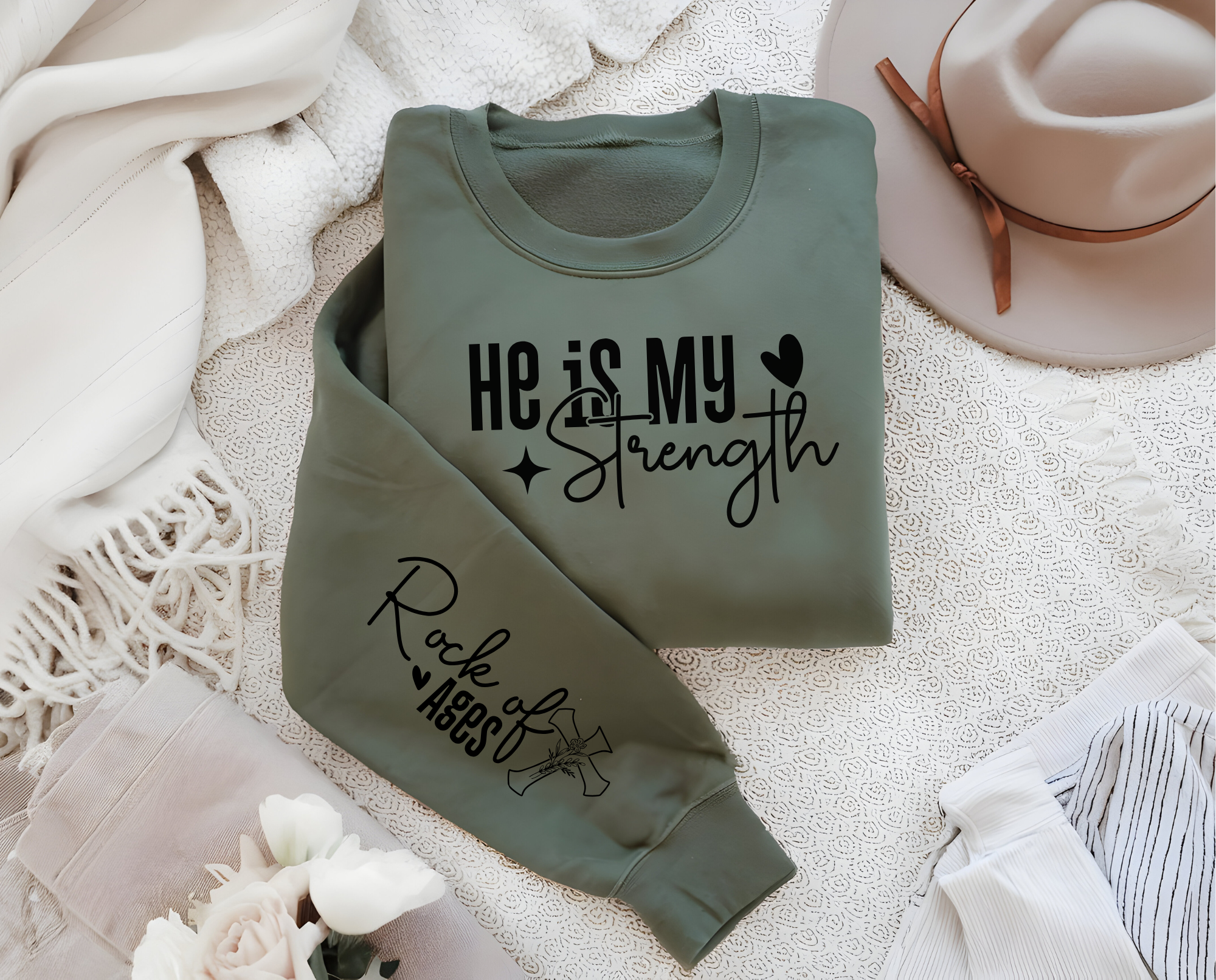Christian Trendy Sweatshirt, He is My Strength, Unisex Crewneck Jumper, Religious Apparel, Inspirational Top, Faith-Based Clothing product thumbnail image