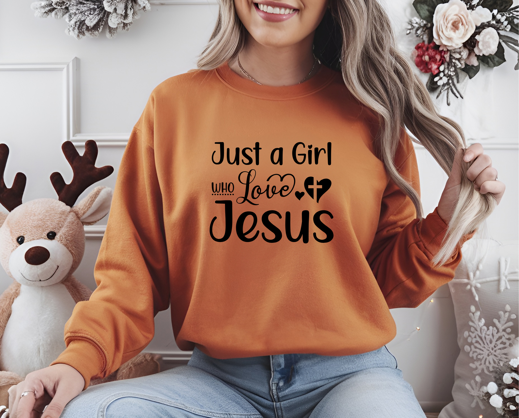 Christian Sweatshirt, Religious Pullover, Just A Girl Who Love Jesus, Unisex Crewneck Jumper, Spiritual Clothing product thumbnail image Christian Sweatshirt, Religious Pullover, Just A Girl Who Love Jesus, Unisex Crewneck Jumper, Spiritual Clothing product thumbnail image