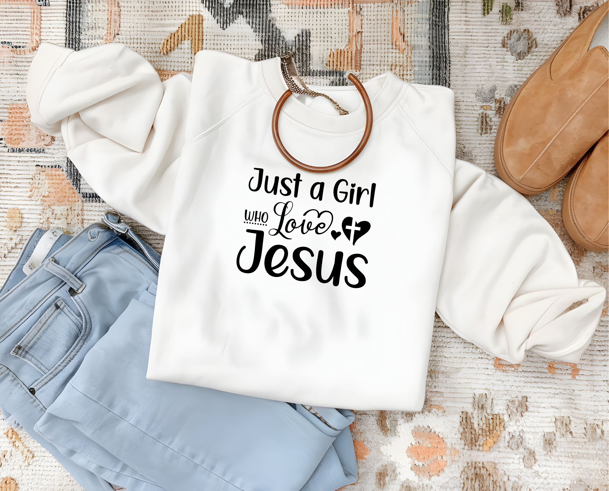 Christian Sweatshirt, Religious Pullover, Just A Girl Who Love Jesus, Unisex Crewneck Jumper, Spiritual Clothing product thumbnail image Christian Sweatshirt, Religious Pullover, Just A Girl Who Love Jesus, Unisex Crewneck Jumper, Spiritual Clothing product thumbnail image