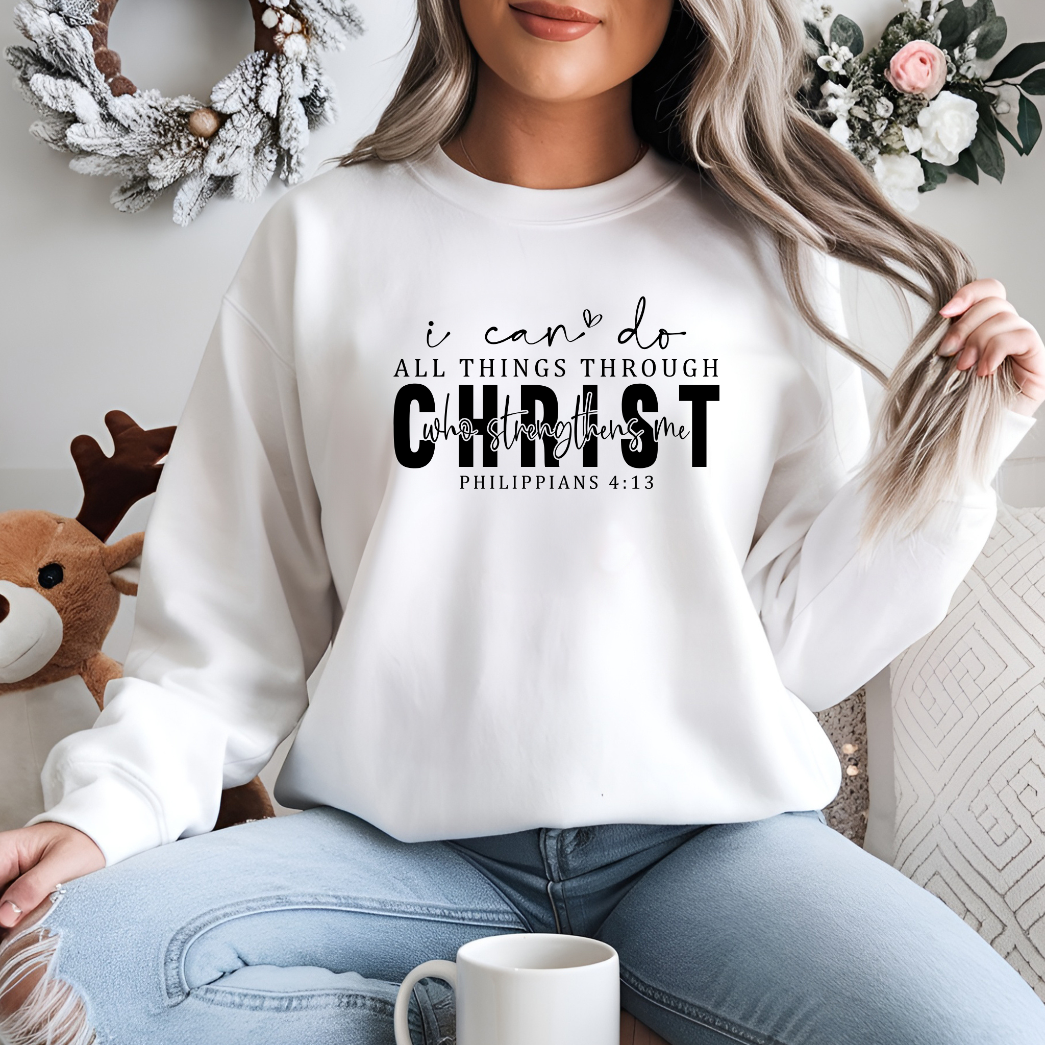 Religious Christian Bible Verse Sweatshirt, Philippians 4:13 Inspirational Gift, Unisex Crewneck Jumper, Religious Apparel, Faithful product thumbnail image
