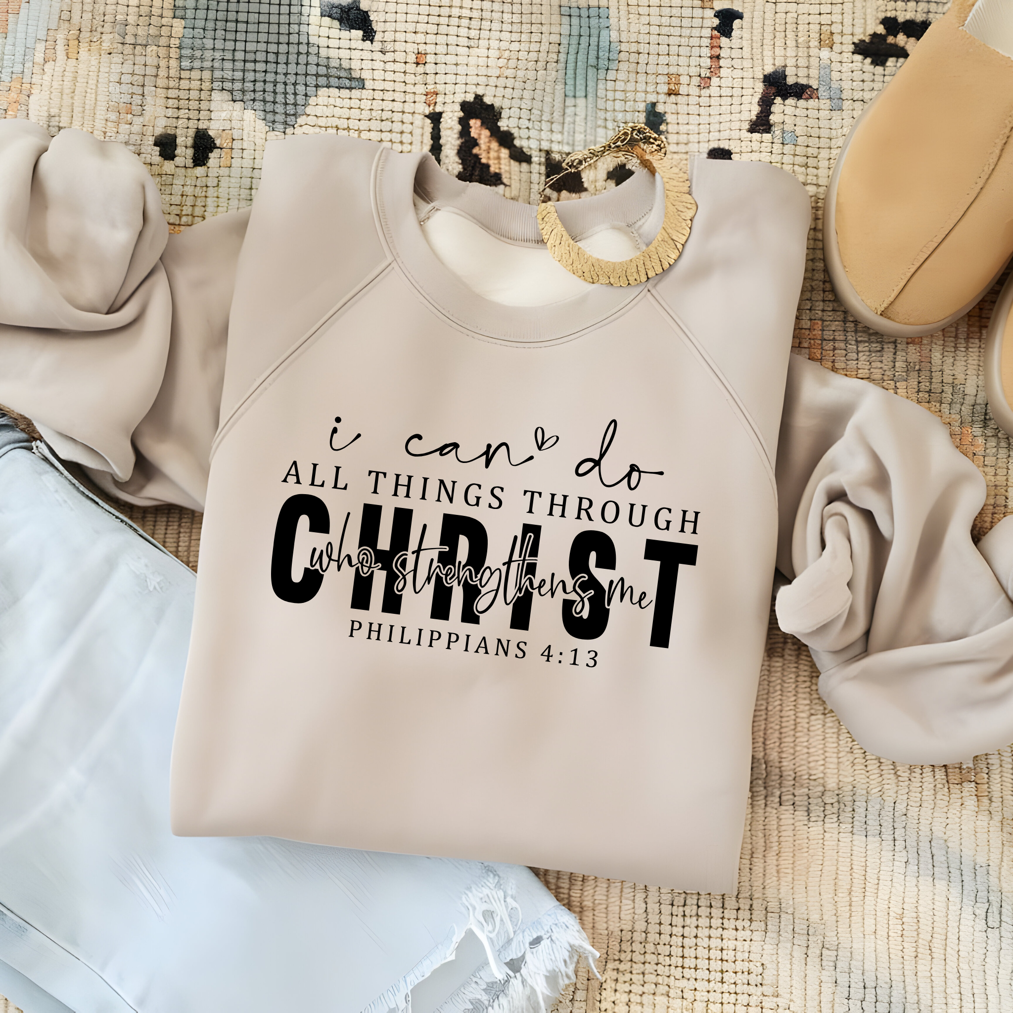 Religious Christian Bible Verse Sweatshirt, Philippians 4:13 Inspirational Gift, Unisex Crewneck Jumper, Religious Apparel, Faithful product thumbnail image