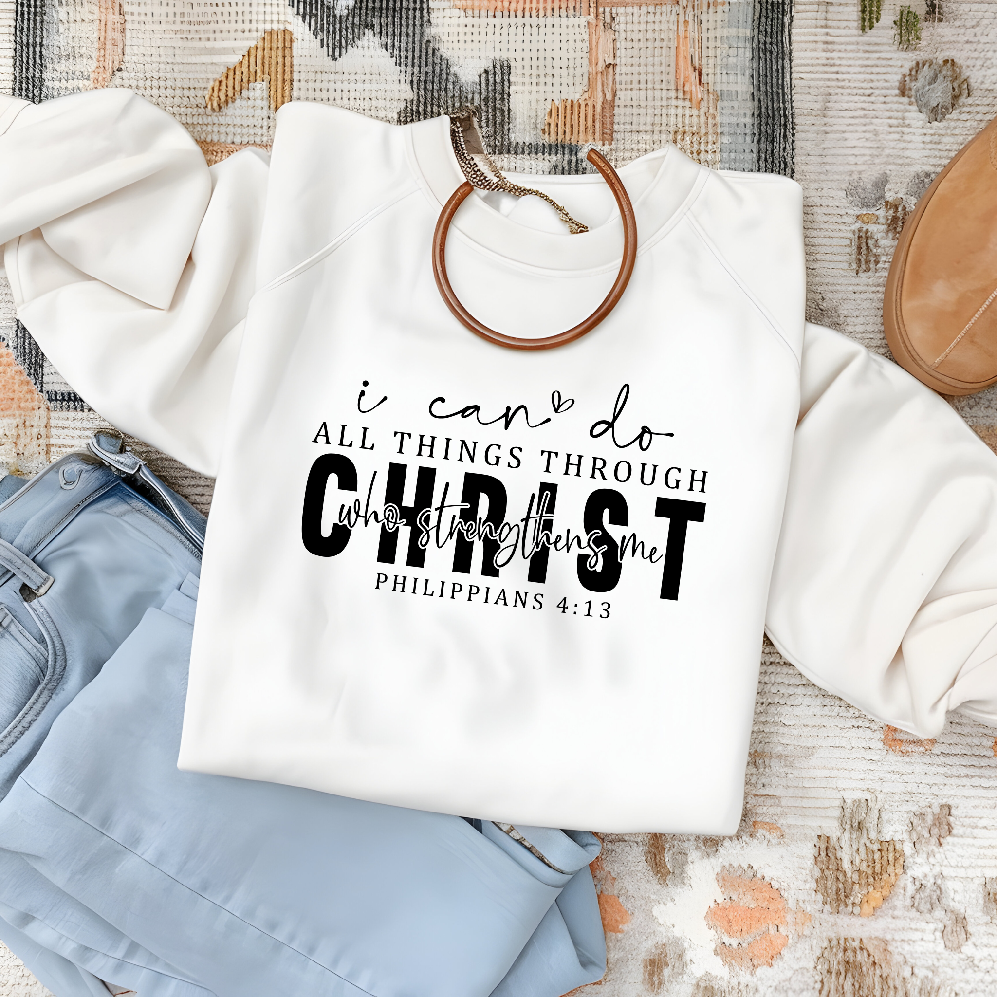 Religious Christian Bible Verse Sweatshirt, Philippians 4:13 Inspirational Gift, Unisex Crewneck Jumper, Religious Apparel, Faithful product thumbnail image