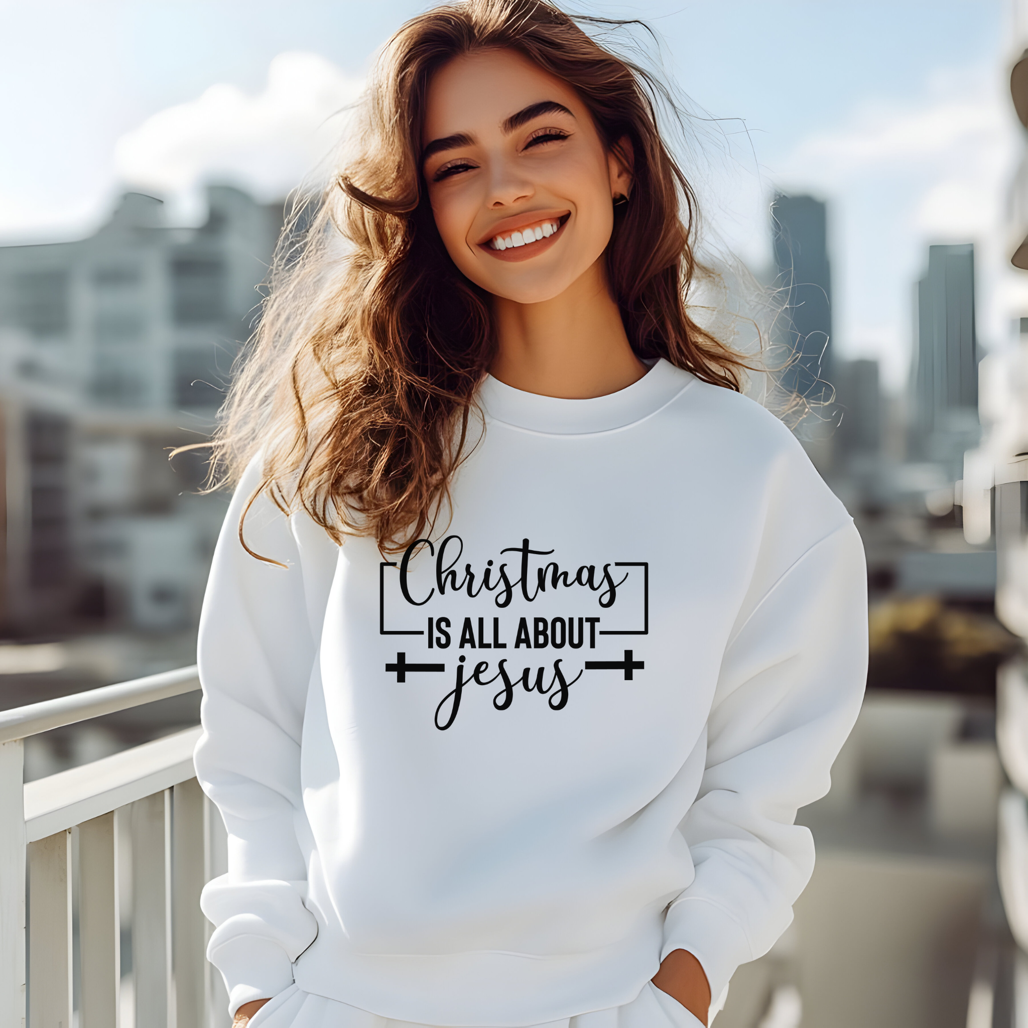 Religious Christmas Unisex Sweatshirt, FaithFusion's Christmas Is All About Jesus Crewneck Jumper, Men Women Gift, Holiday Apparel, product thumbnail image Religious Christmas Unisex Sweatshirt, FaithFusion's Christmas Is All About Jesus Crewneck Jumper, Men Women Gift, Holiday Apparel, product thumbnail image