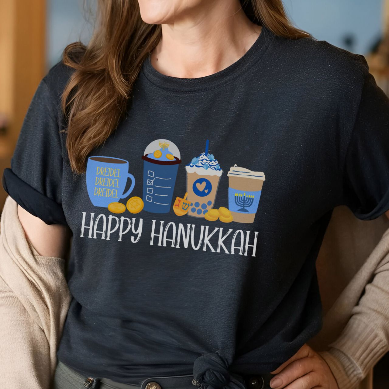 Hanukkah Shirt, Hanukkah Coffee Latte, Hannukah Shirt, Chanukkah Shirt, Happy Hanukkah, Festival of Lights, Gift for Jewish Person, Dreidels product thumbnail image Hanukkah Shirt, Hanukkah Coffee Latte, Hannukah Shirt, Chanukkah Shirt, Happy Hanukkah, Festival of Lights, Gift for Jewish Person, Dreidels product thumbnail image