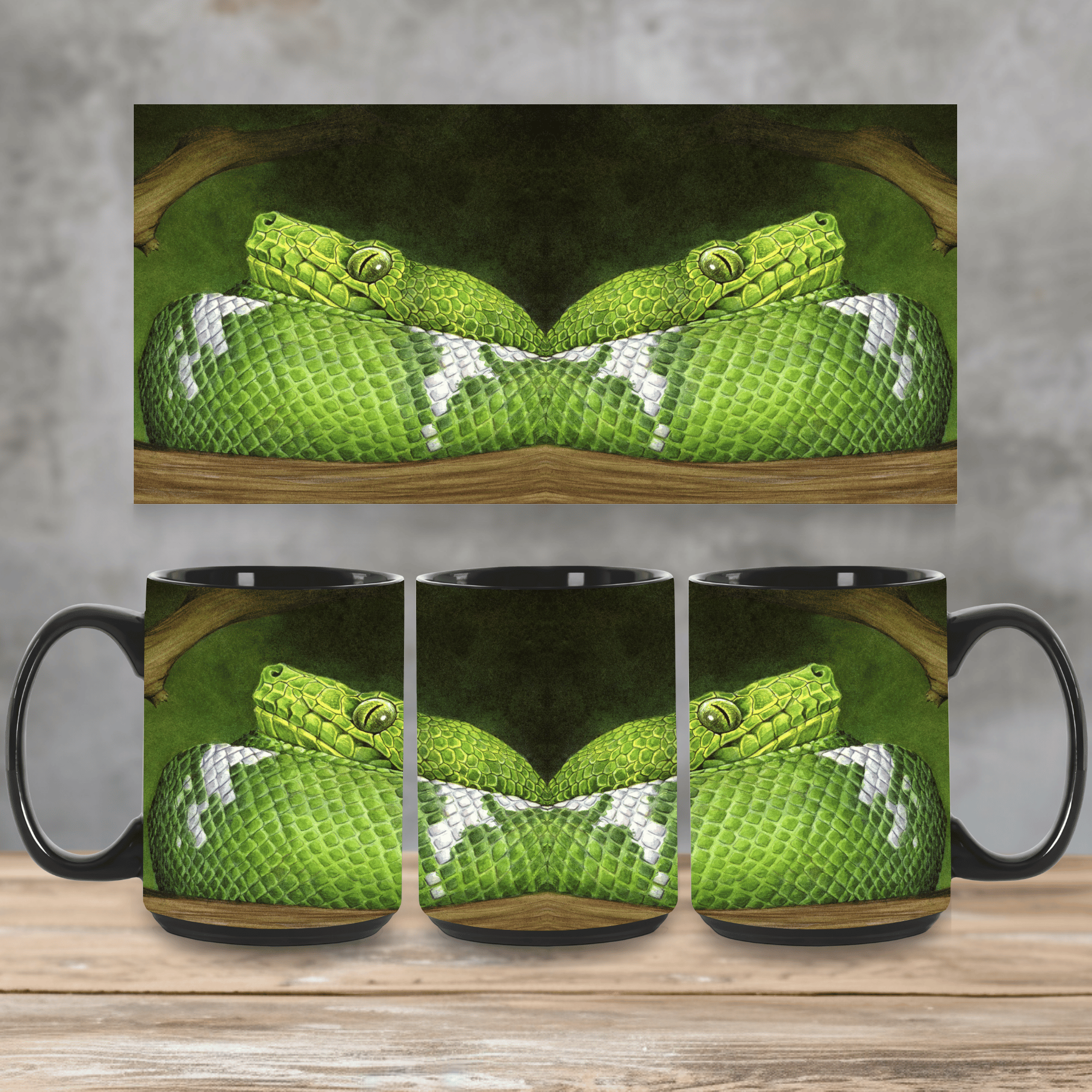 Emerald Tree Boa Mug | Nature Lover Gift Coffee, Hot Cocoa, Tea Cup | 11oz and 15oz Black Ceramic Mug product thumbnail image Emerald Tree Boa Mug | Nature Lover Gift Coffee, Hot Cocoa, Tea Cup | 11oz and 15oz Black Ceramic Mug product thumbnail image