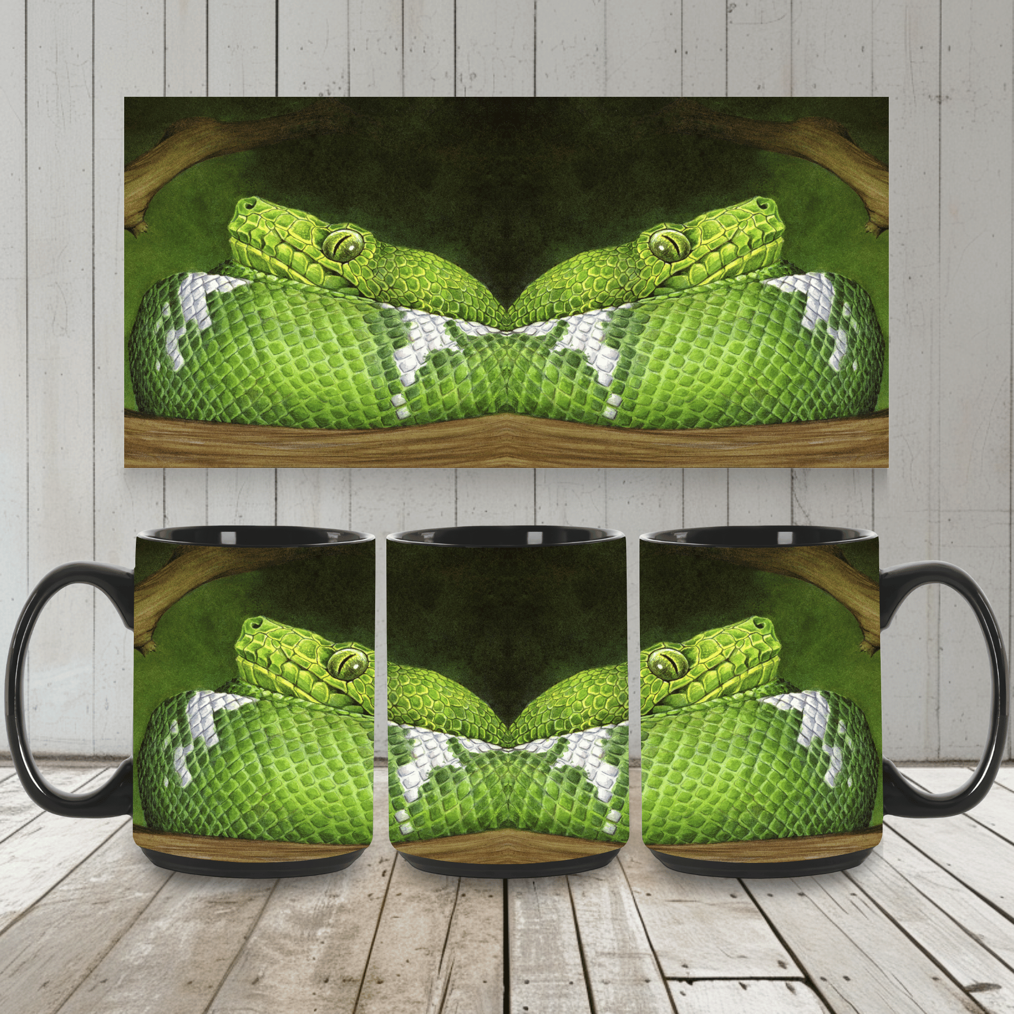 Emerald Tree Boa Mug | Nature Lover Gift Coffee, Hot Cocoa, Tea Cup | 11oz and 15oz Black Ceramic Mug product thumbnail image Emerald Tree Boa Mug | Nature Lover Gift Coffee, Hot Cocoa, Tea Cup | 11oz and 15oz Black Ceramic Mug product thumbnail image