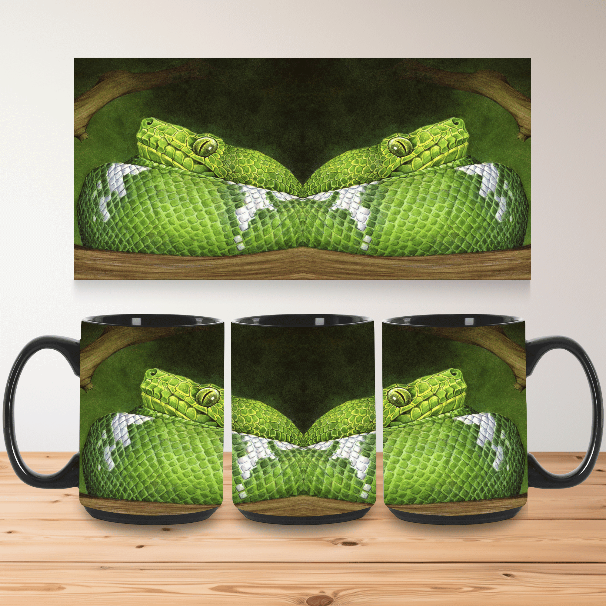 Emerald Tree Boa Mug | Nature Lover Gift Coffee, Hot Cocoa, Tea Cup | 11oz and 15oz Black Ceramic Mug product thumbnail image Emerald Tree Boa Mug | Nature Lover Gift Coffee, Hot Cocoa, Tea Cup | 11oz and 15oz Black Ceramic Mug product thumbnail image