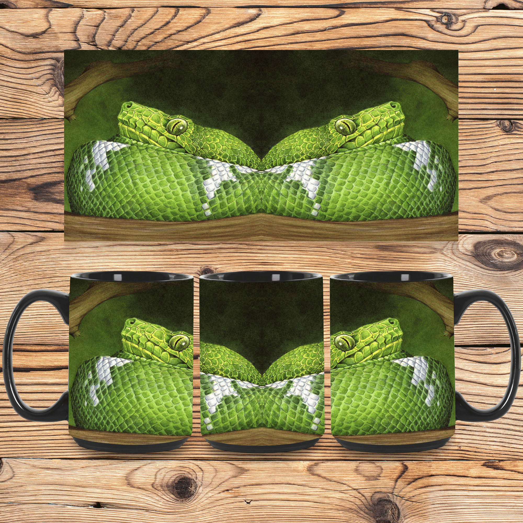 Emerald Tree Boa Mug | Nature Lover Gift Coffee, Hot Cocoa, Tea Cup | 11oz and 15oz Black Ceramic Mug product thumbnail image Emerald Tree Boa Mug | Nature Lover Gift Coffee, Hot Cocoa, Tea Cup | 11oz and 15oz Black Ceramic Mug product thumbnail image