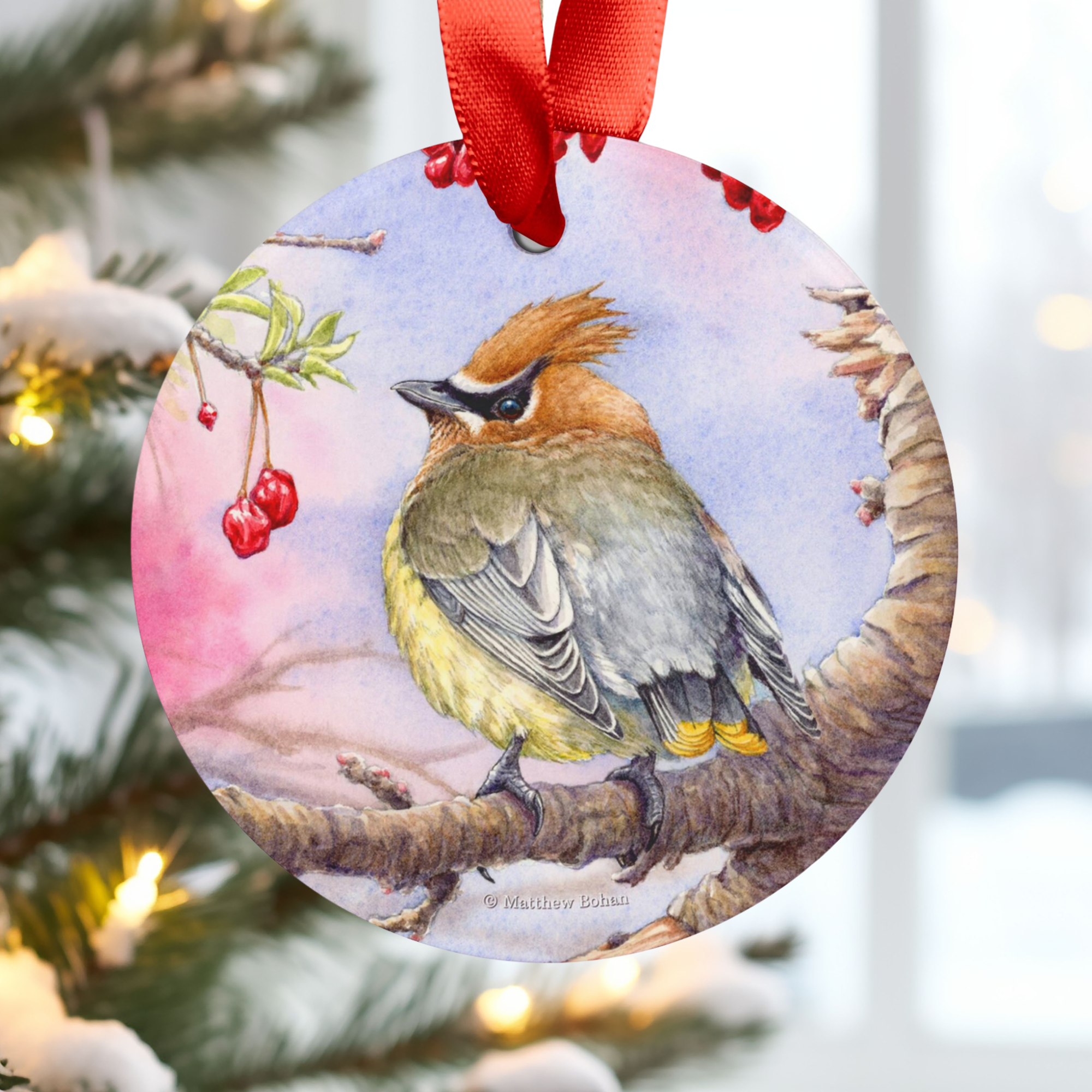 Cedar Waxwing Christmas Ornament | Watercolor Bird Art Decoration | Birder Gift for Nature Lovers &amp; Wildlife Tree Decor product thumbnail image