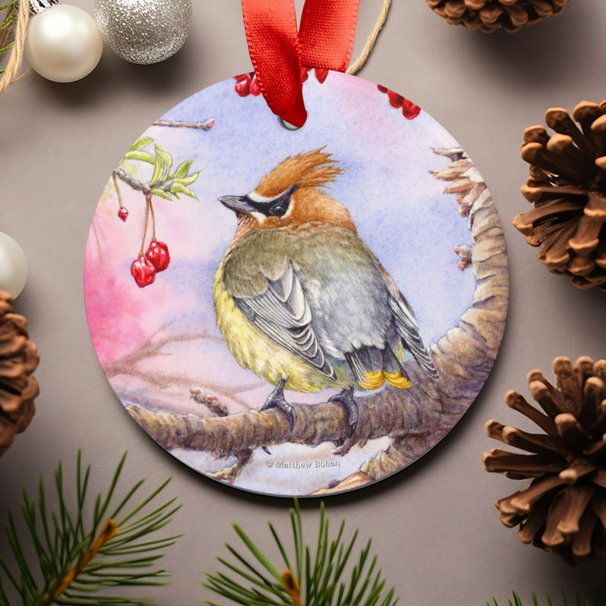 Cedar Waxwing Christmas Ornament | Watercolor Bird Art Decoration | Birder Gift for Nature Lovers &amp; Wildlife Tree Decor product thumbnail image