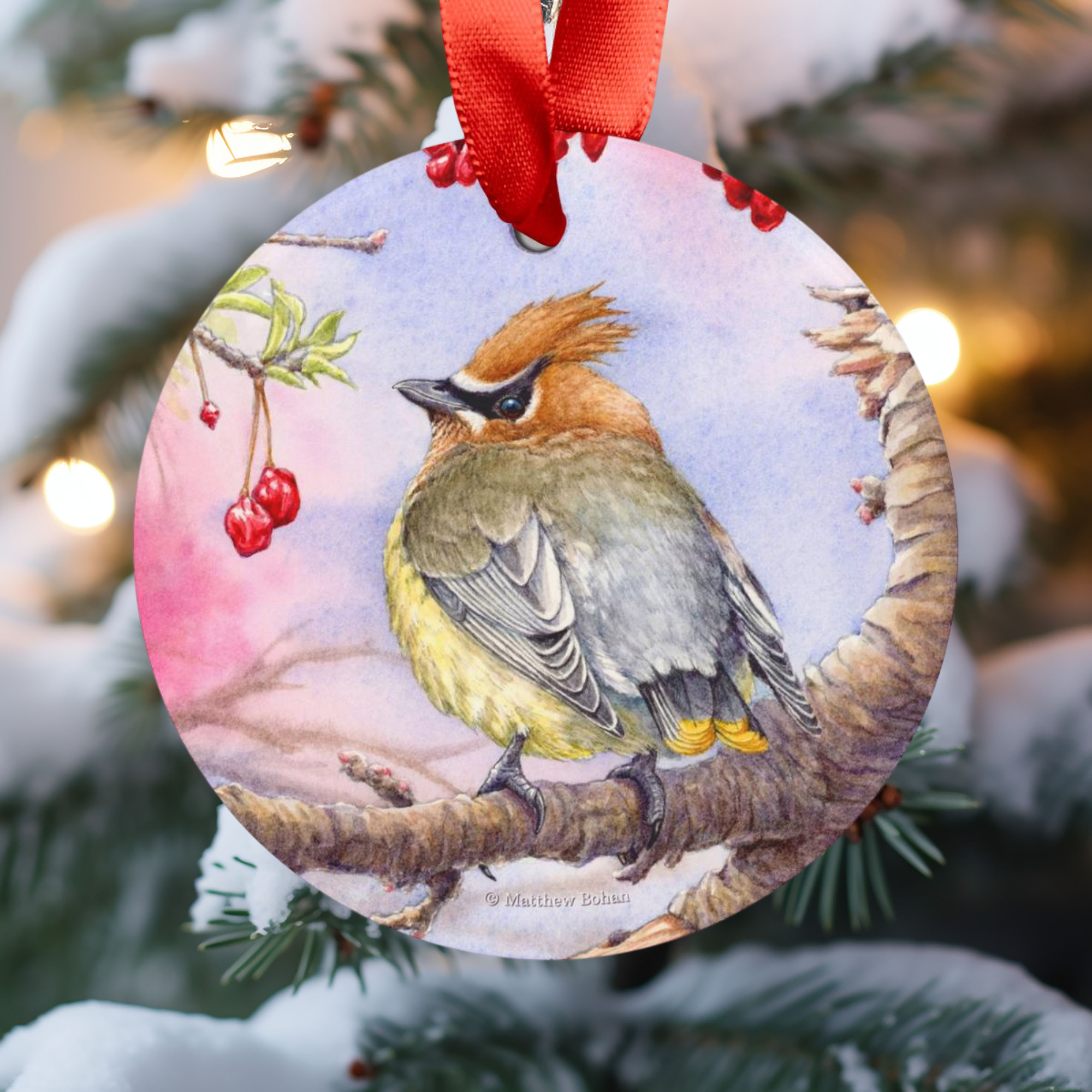 Cedar Waxwing Christmas Ornament | Watercolor Bird Art Decoration | Birder Gift for Nature Lovers &amp; Wildlife Tree Decor product thumbnail image