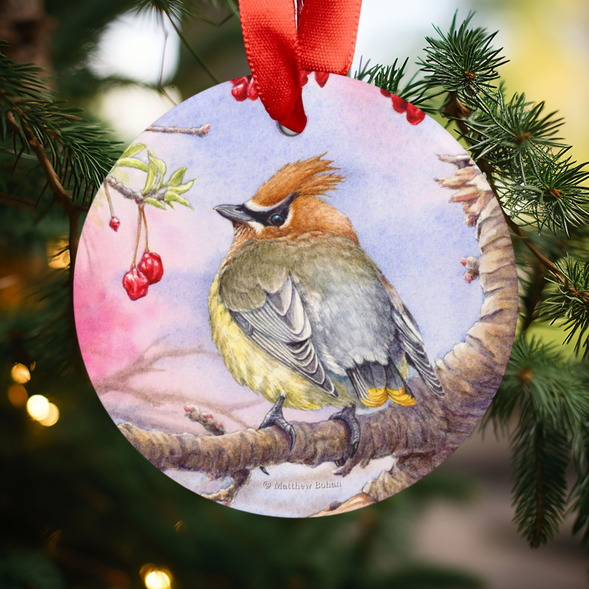 Cedar Waxwing Christmas Ornament | Watercolor Bird Art Decoration | Birder Gift for Nature Lovers &amp; Wildlife Tree Decor product thumbnail image