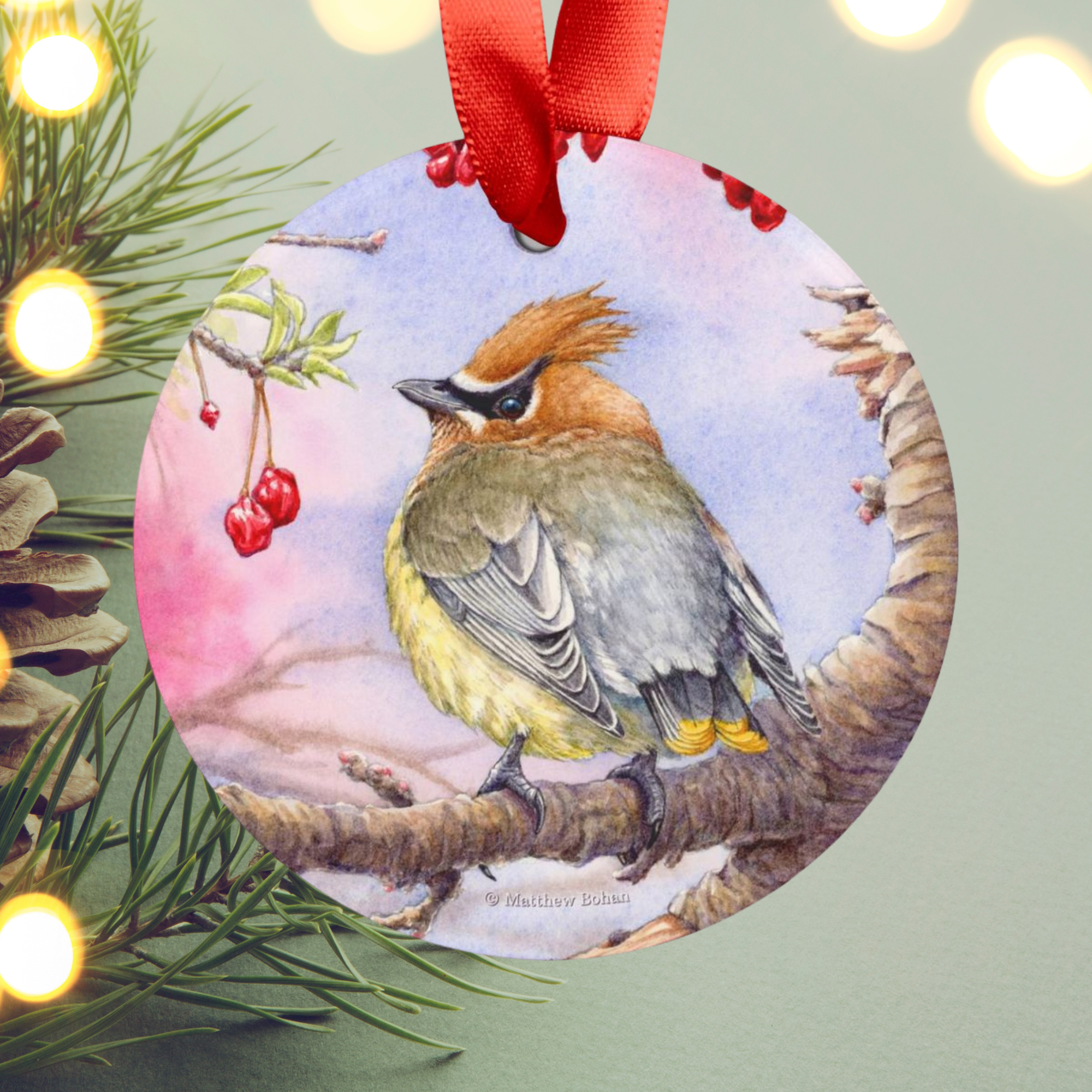 Cedar Waxwing Christmas Ornament | Watercolor Bird Art Decoration | Birder Gift for Nature Lovers &amp; Wildlife Tree Decor product thumbnail image