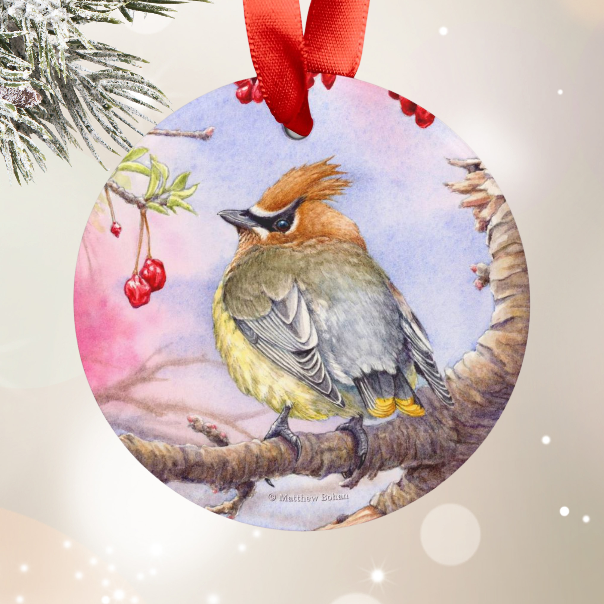 Cedar Waxwing Christmas Ornament | Watercolor Bird Art Decoration | Birder Gift for Nature Lovers &amp; Wildlife Tree Decor product thumbnail image