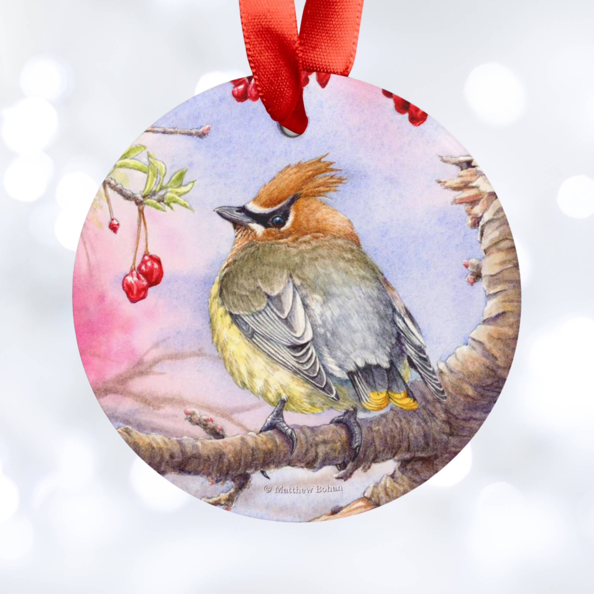 Cedar Waxwing Christmas Ornament | Watercolor Bird Art Decoration | Birder Gift for Nature Lovers &amp; Wildlife Tree Decor product thumbnail image
