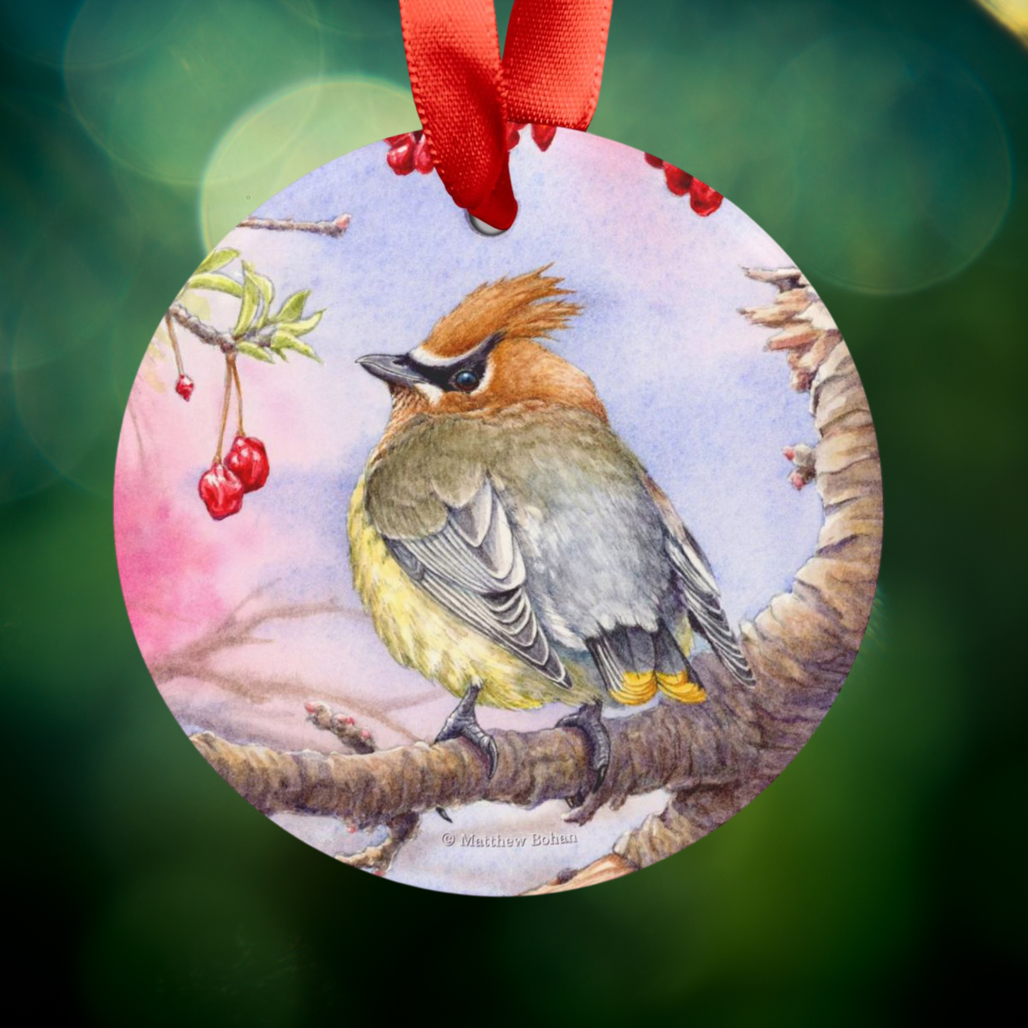 Cedar Waxwing Christmas Ornament | Watercolor Bird Art Decoration | Birder Gift for Nature Lovers &amp; Wildlife Tree Decor product thumbnail image